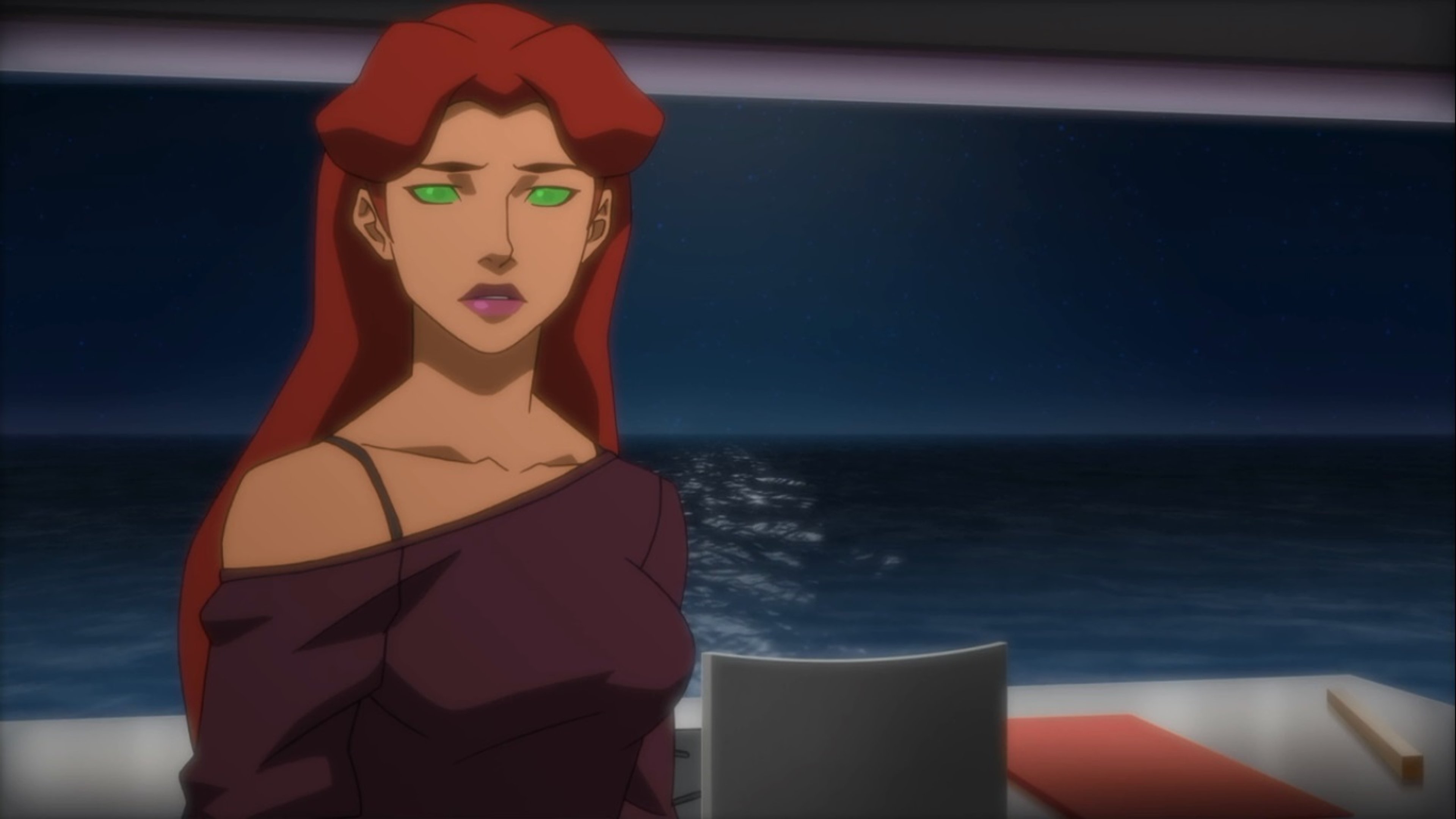 A female superhero character with red hair and an alien-inspired costume
