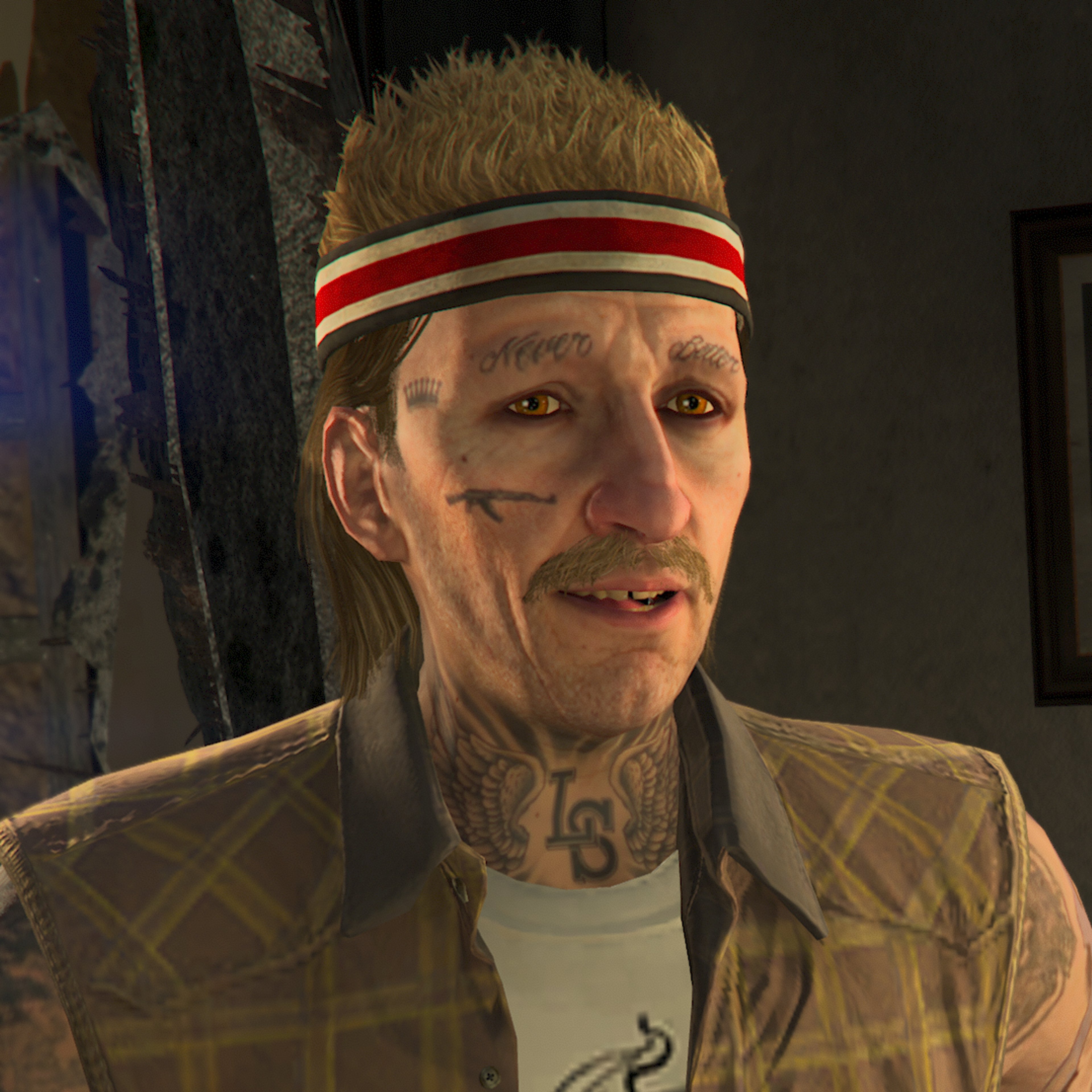 A middle-aged man with a disheveled appearance and intense expression