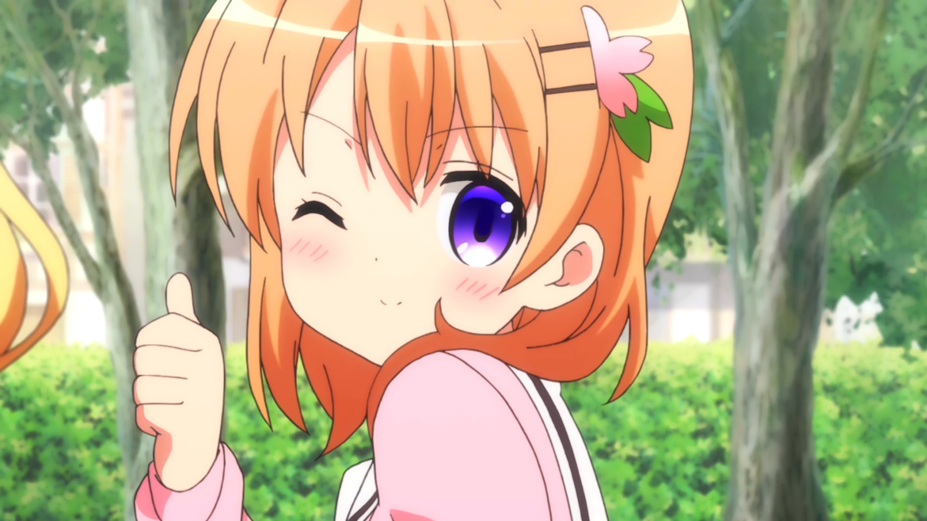 An anime-style character with orange hair and a cheerful expression