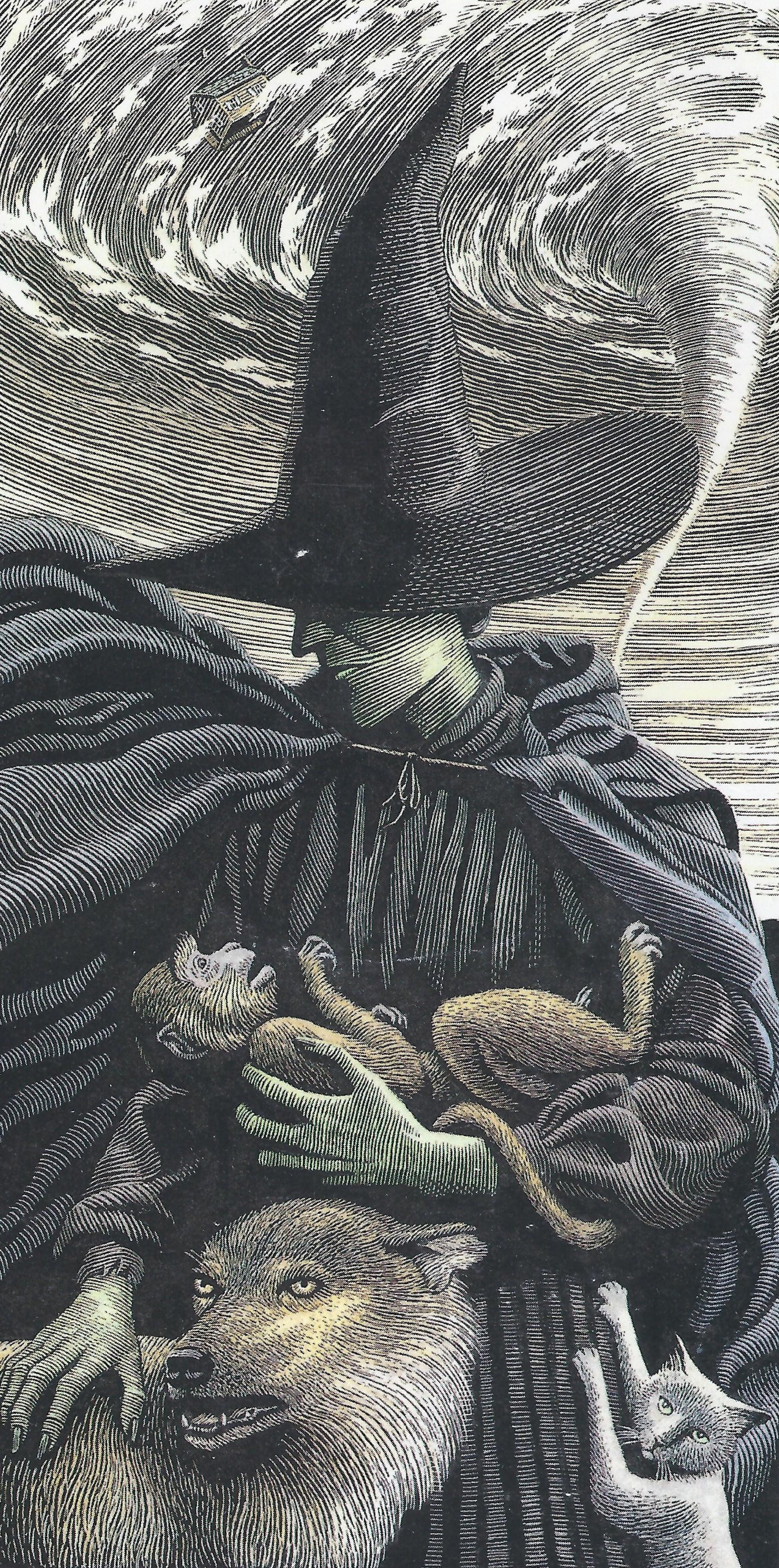 A green-skinned woman in a dark outfit and pointed hat, surrounded by swirling winds and dark clouds.