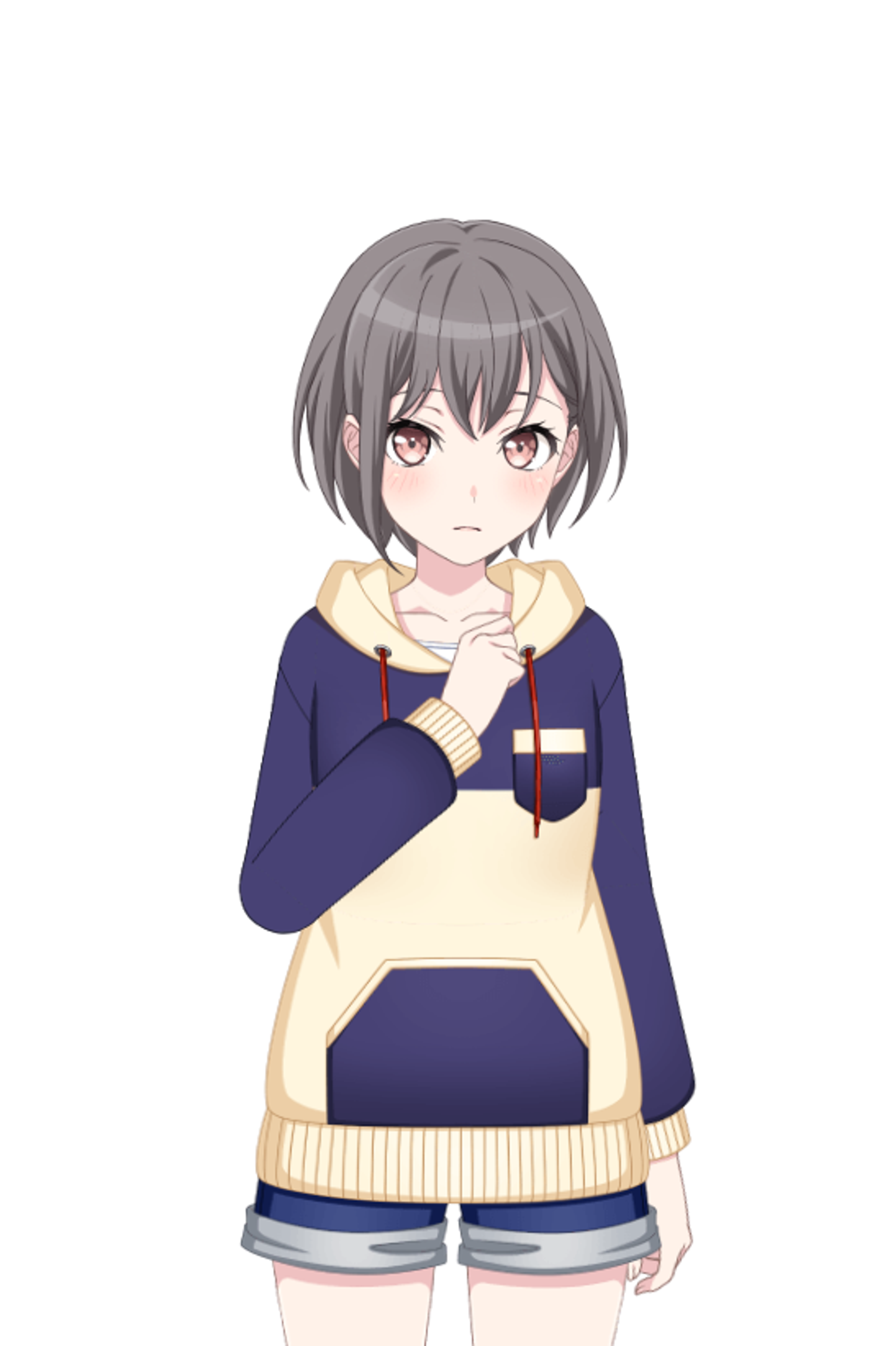 A young woman with short, ash brown hair and rose-gold eyes wearing a purple sweater.