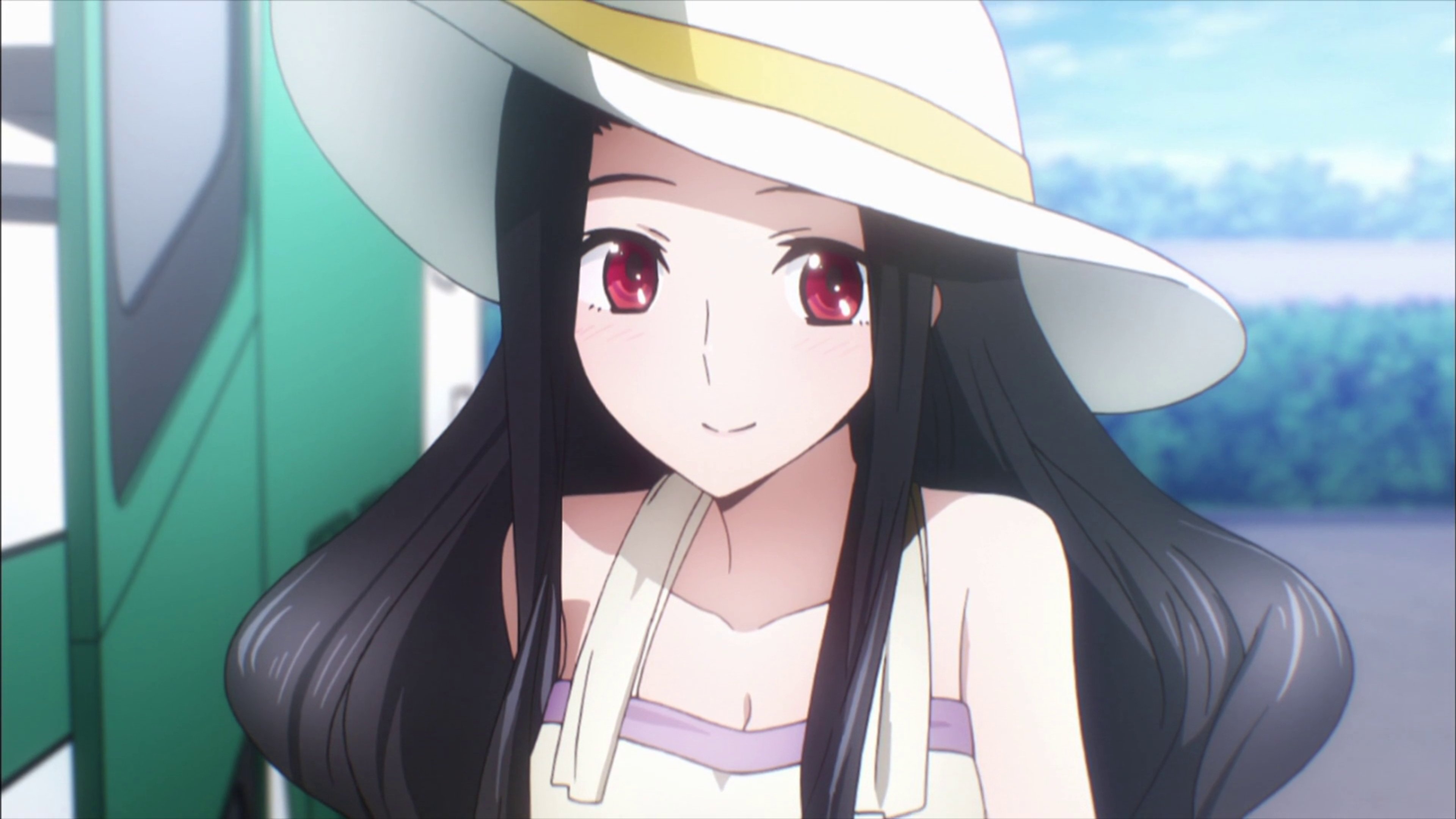 An anime-style character with long dark hair and red eyes, wearing a white hat with a green ribbon and a light purple outfit.