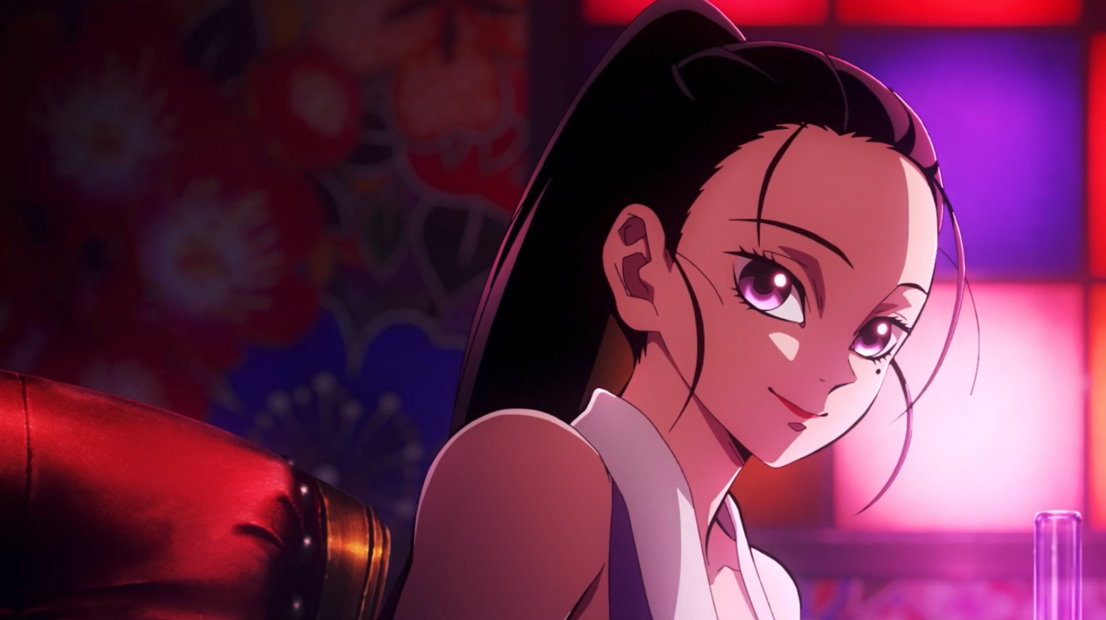 A young woman with long black hair and violet eyes in a dark, moody setting