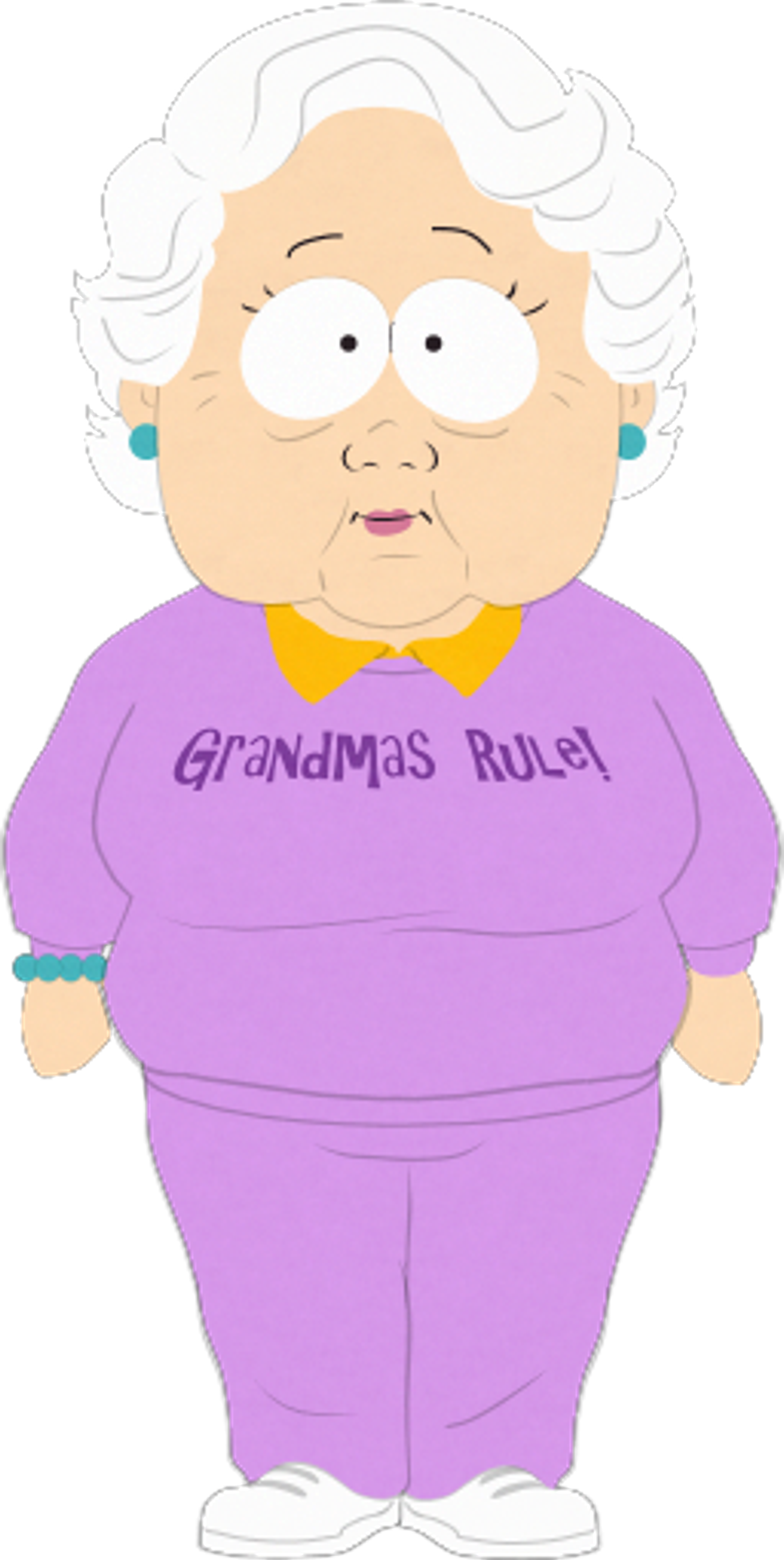 An elderly woman with curly gray hair wearing a purple sweatshirt that says 'GRANDMAS RULE!'