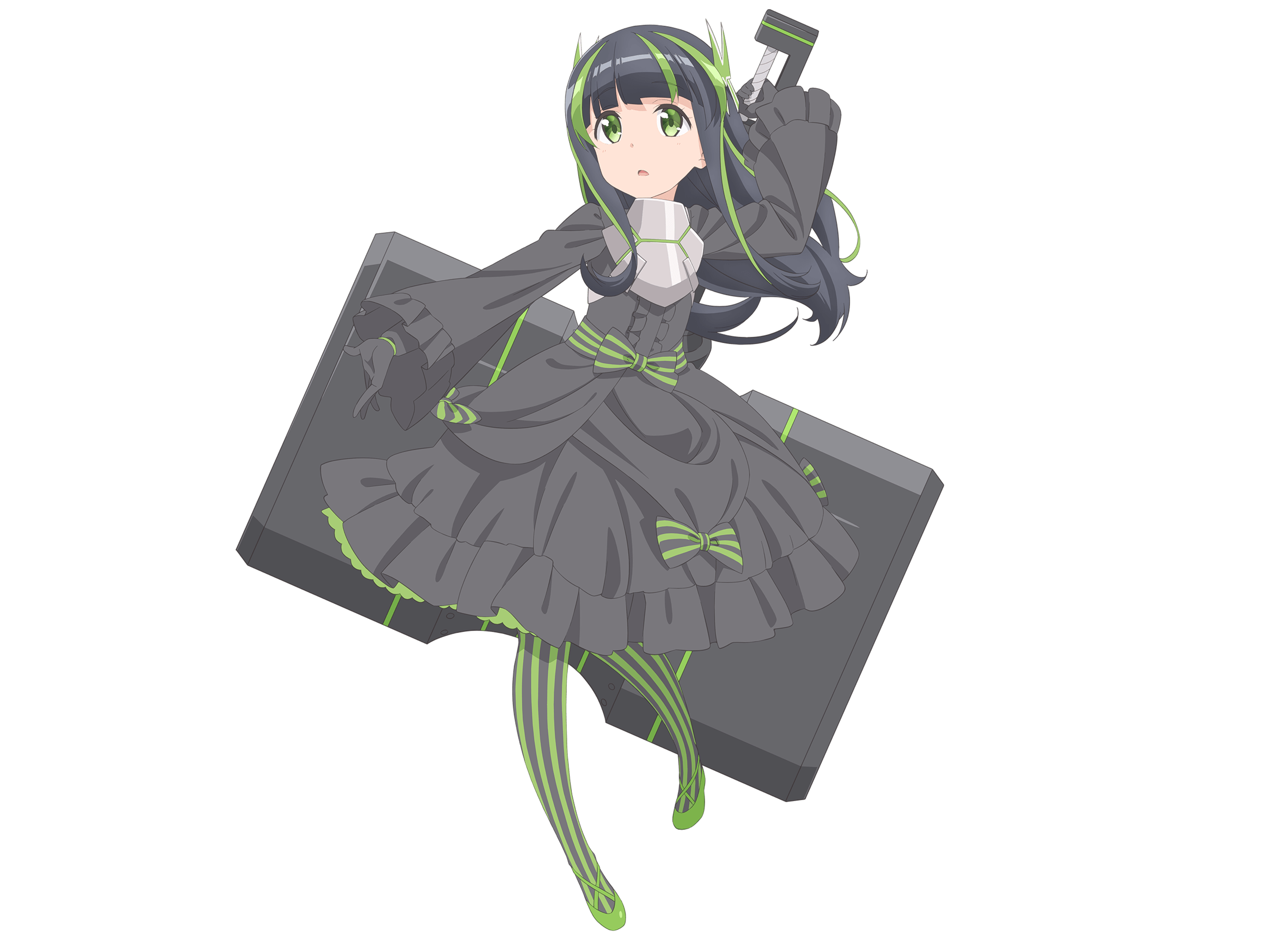 A young woman with black hair and green highlights, wearing a black frilled outfit and holding a large hammer.