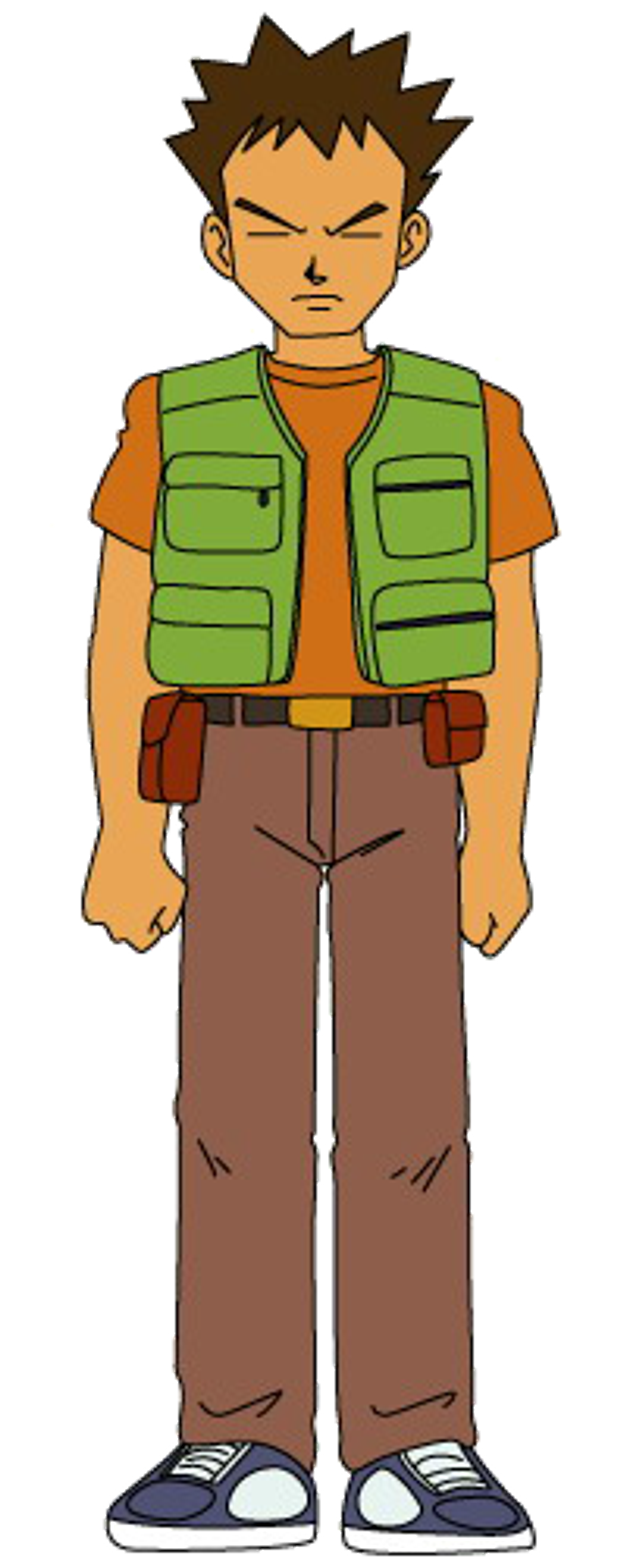 An anime-style character with spiky dark brown hair, squinty eyes, and tanned skin, wearing a green vest, yellow shirt, and brown cargo pants.