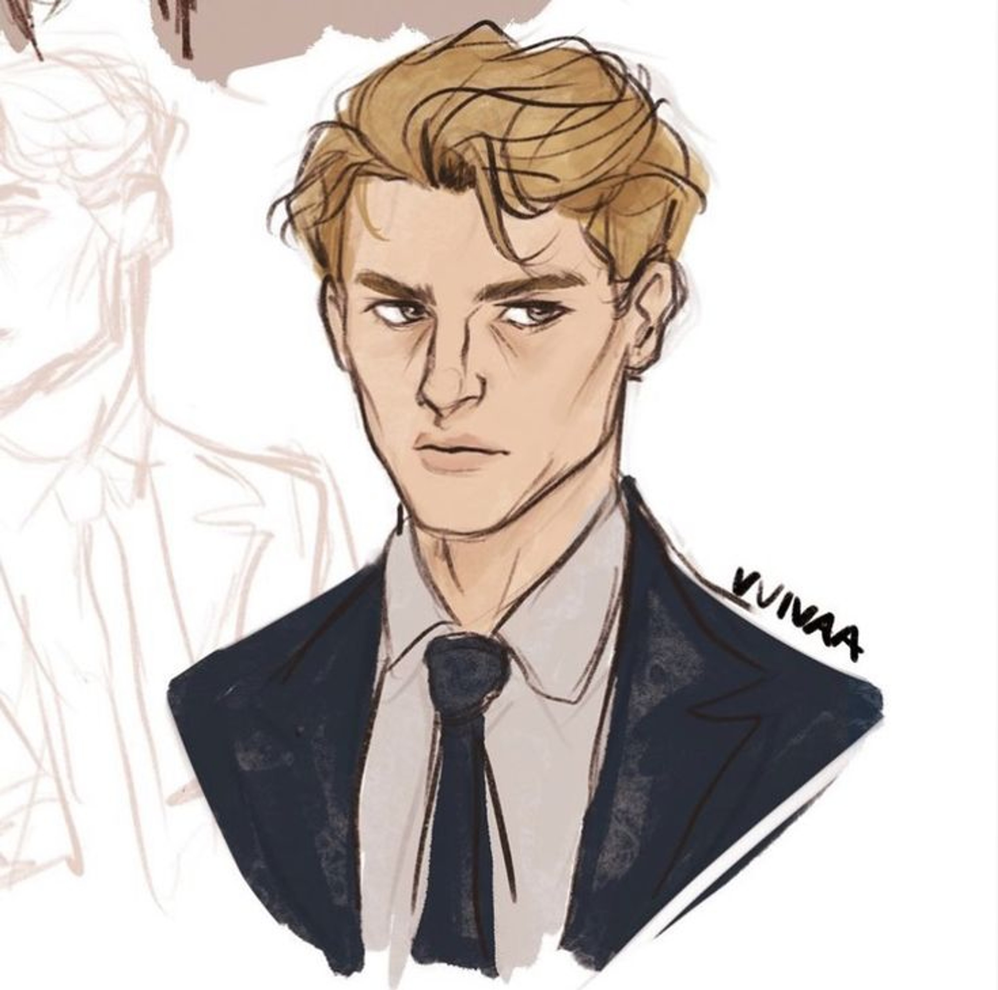 A portrait illustration of a young man in a suit and tie with a serious expression.