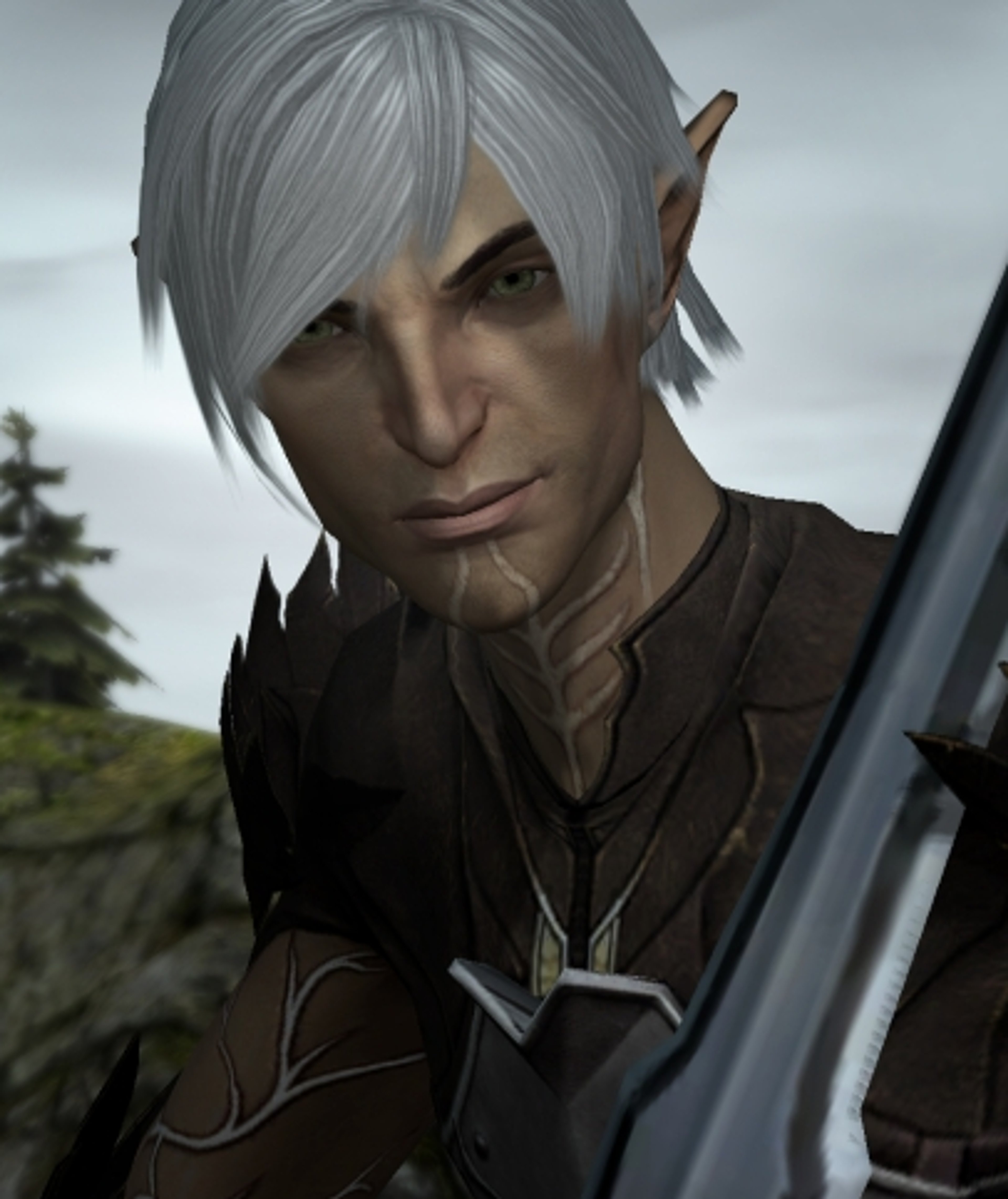 A male elf character with silver hair, green eyes, and lyrium markings on his skin, wearing dark clothing and looking intense.