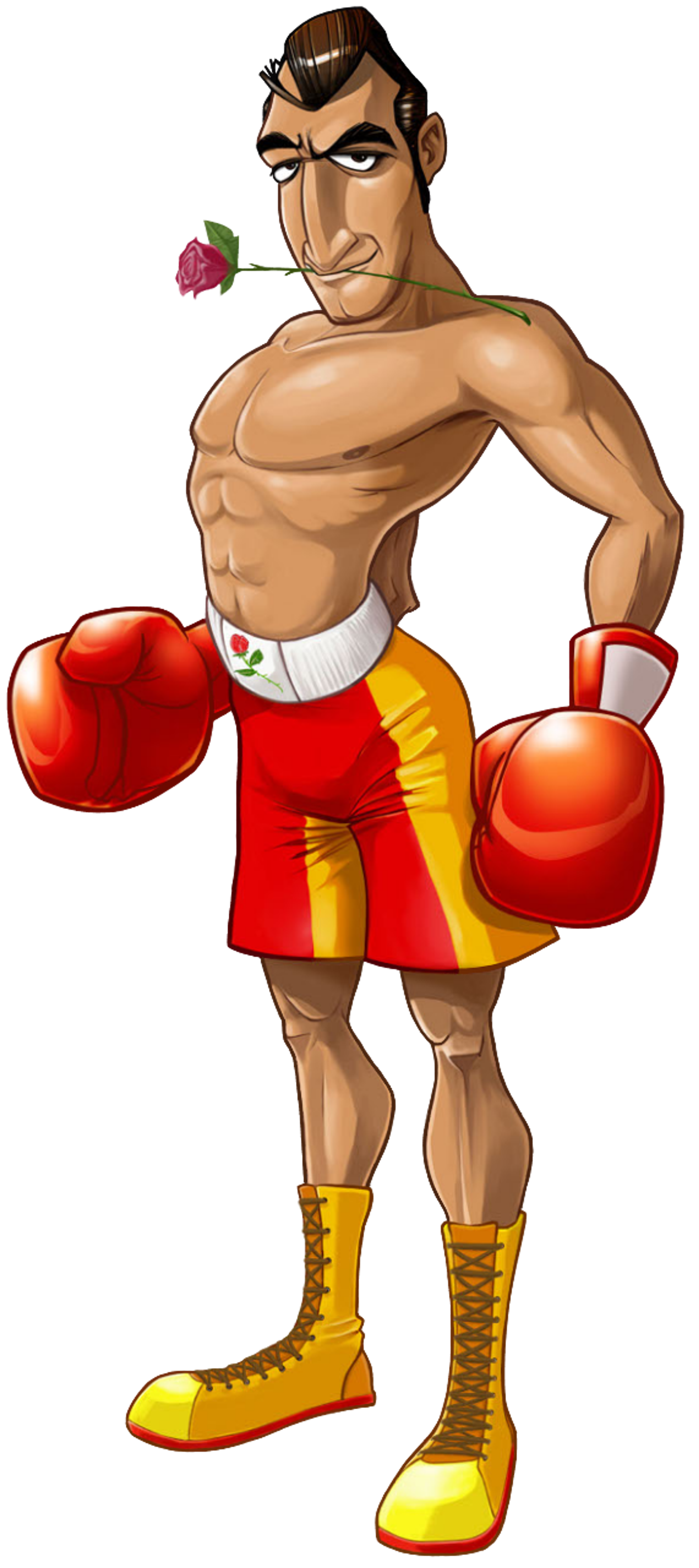 A muscular, shirtless male character in boxing attire with a confident expression