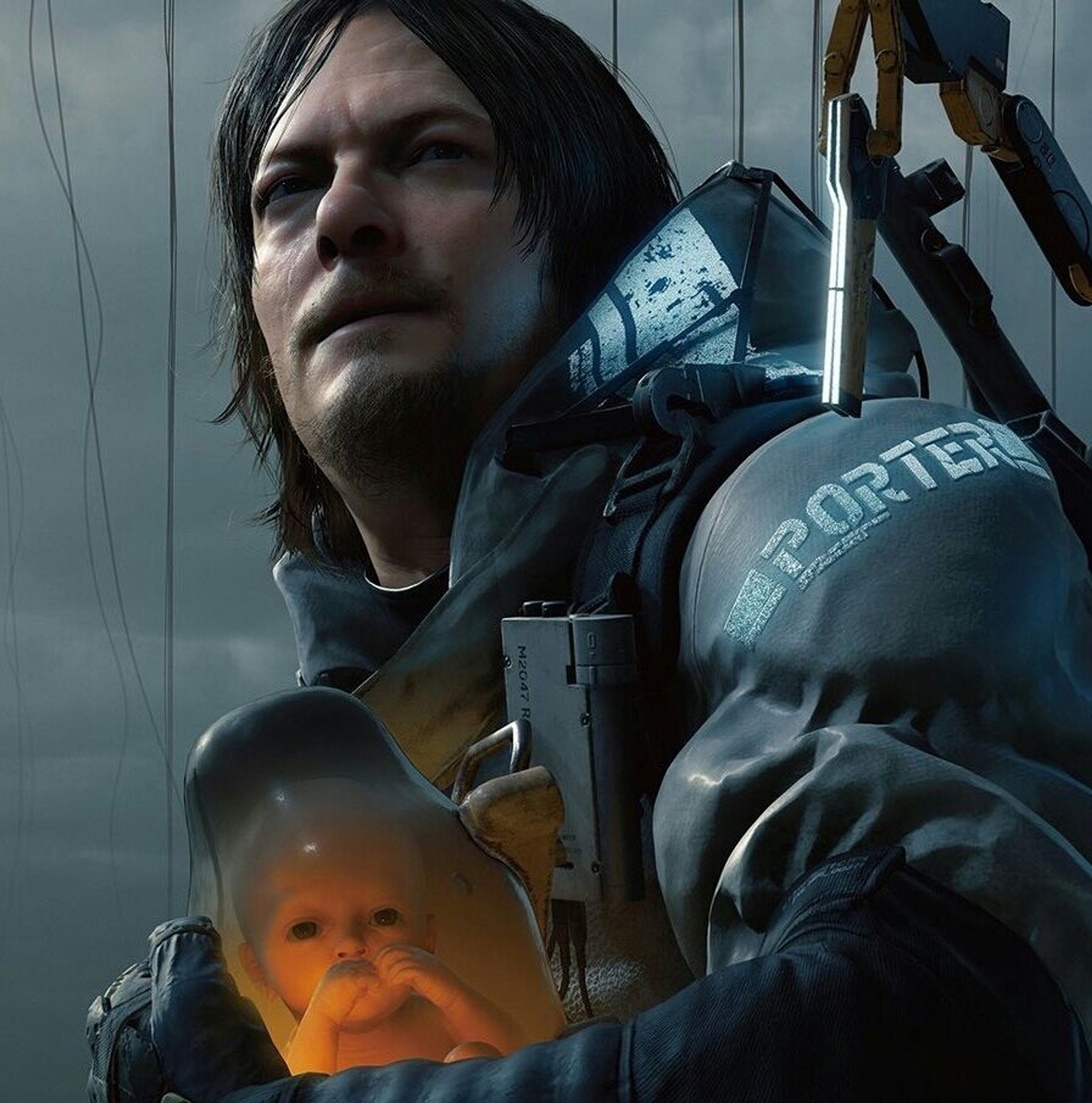 A man in a porter's uniform carrying a baby in a harness on his chest, in a post-apocalyptic setting