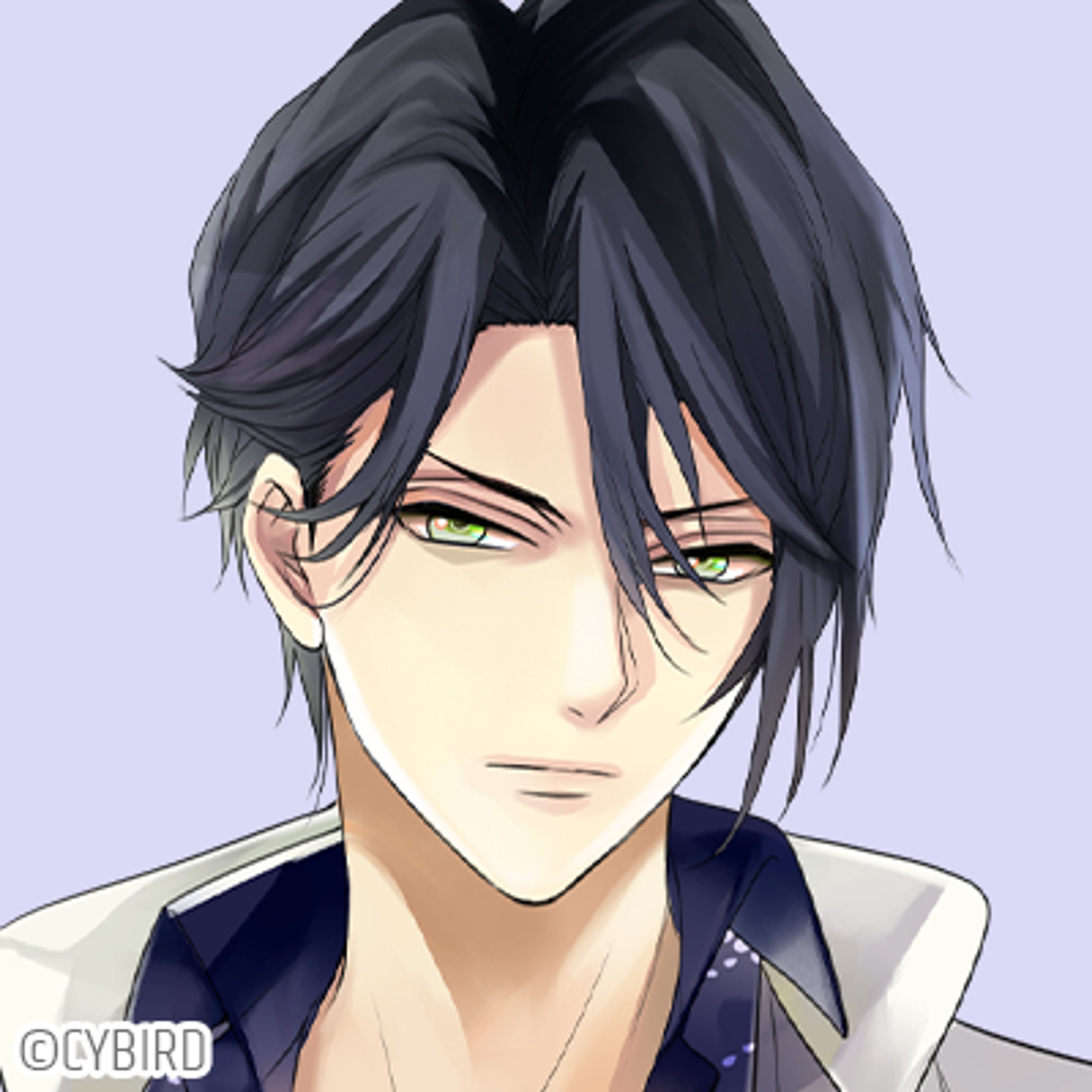 A serious-looking young man with dark hair and piercing green eyes