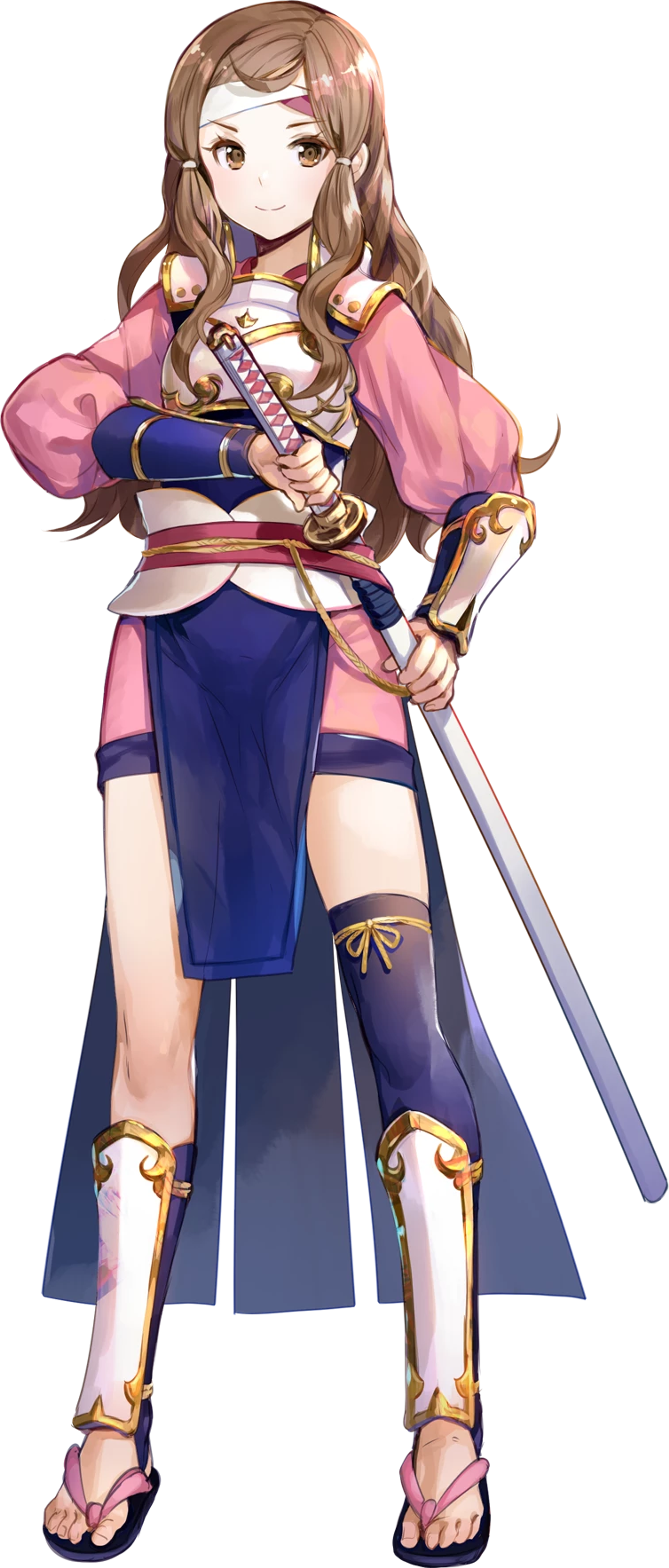 A young female samurai warrior with long brown hair holding a sword