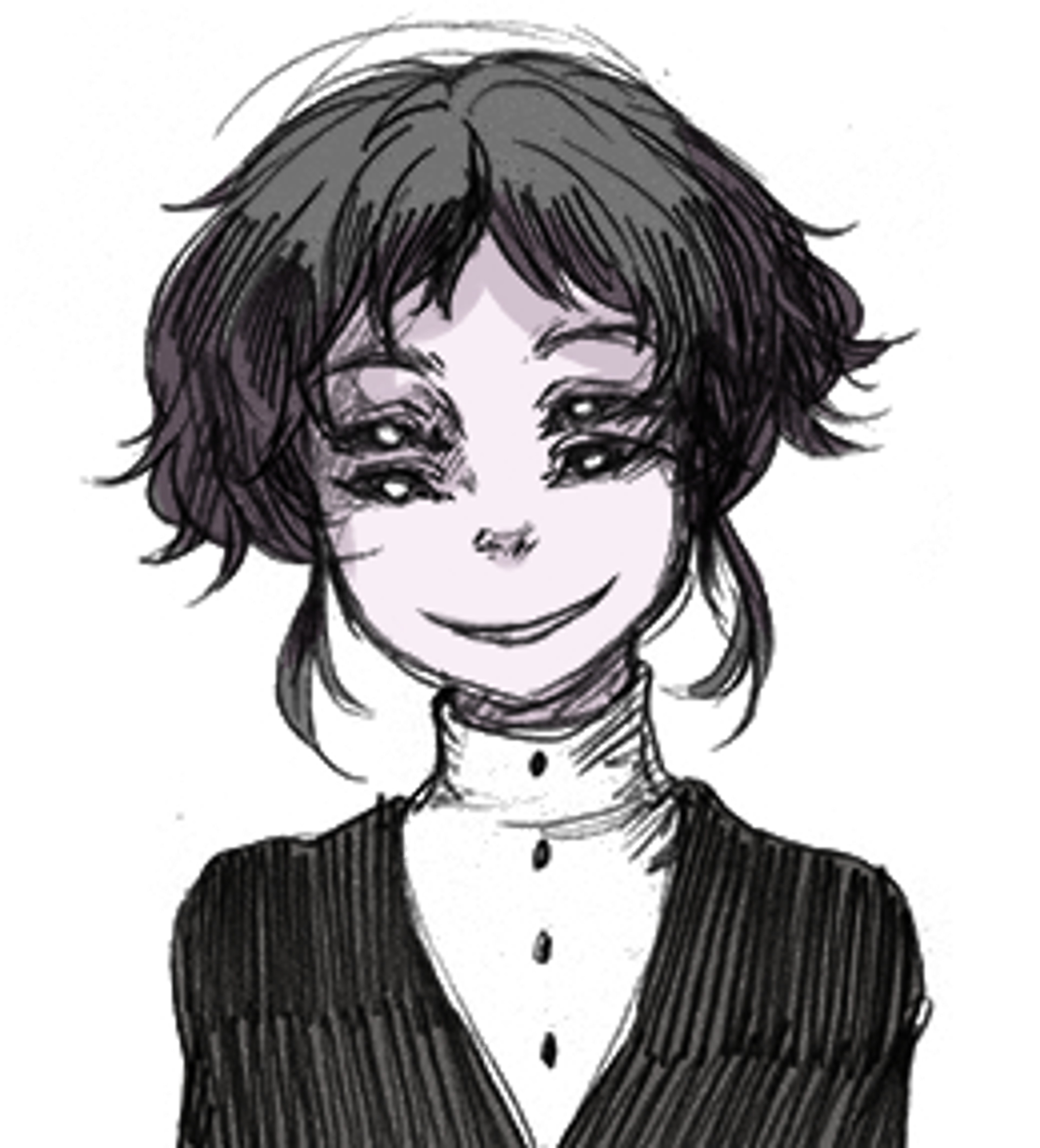 An anime-style character with short dark hair and large eyes, wearing a dark outfit with a high collar.