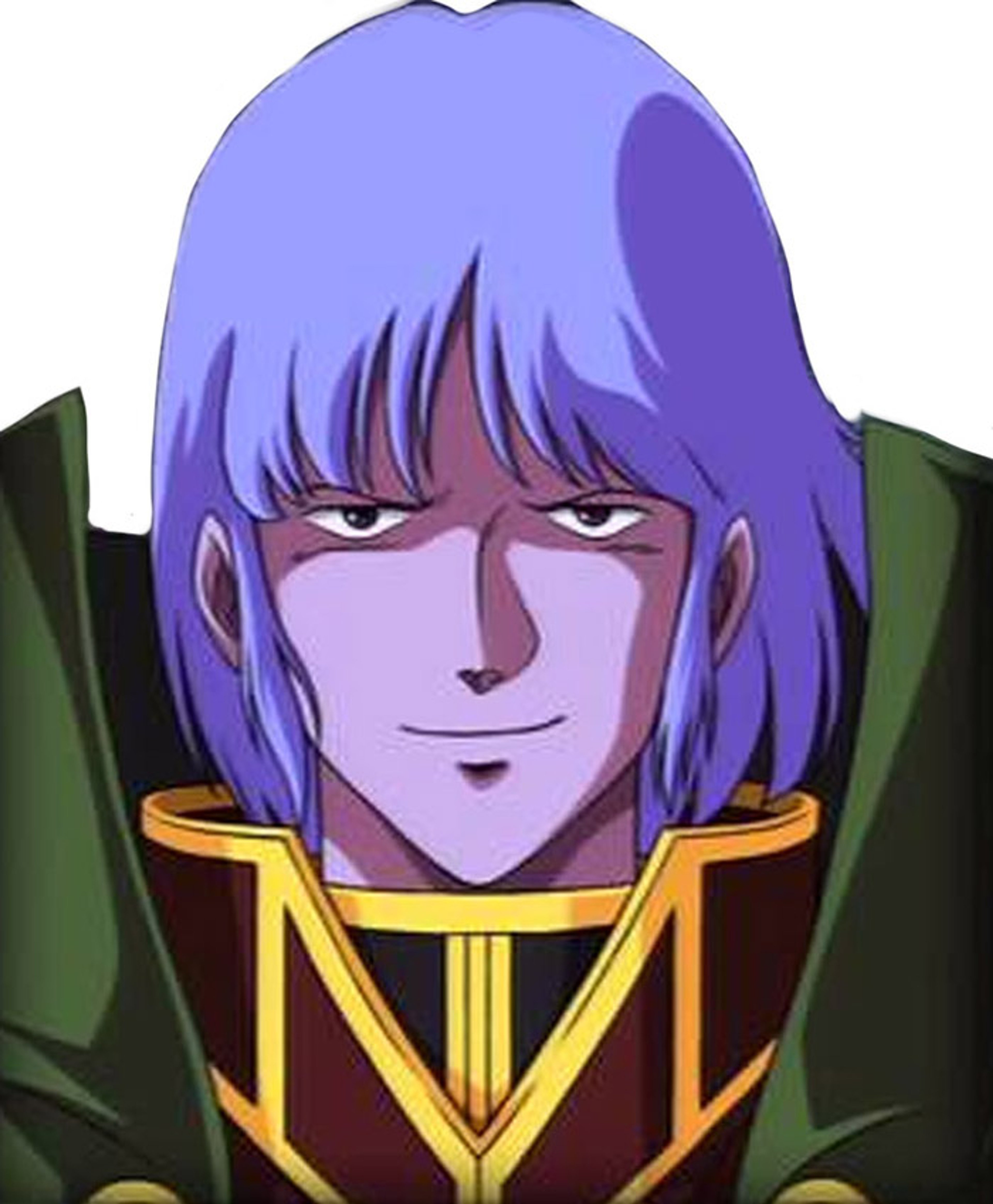 A Zentradi military commander with blue hair and a stern expression, wearing a green military uniform.