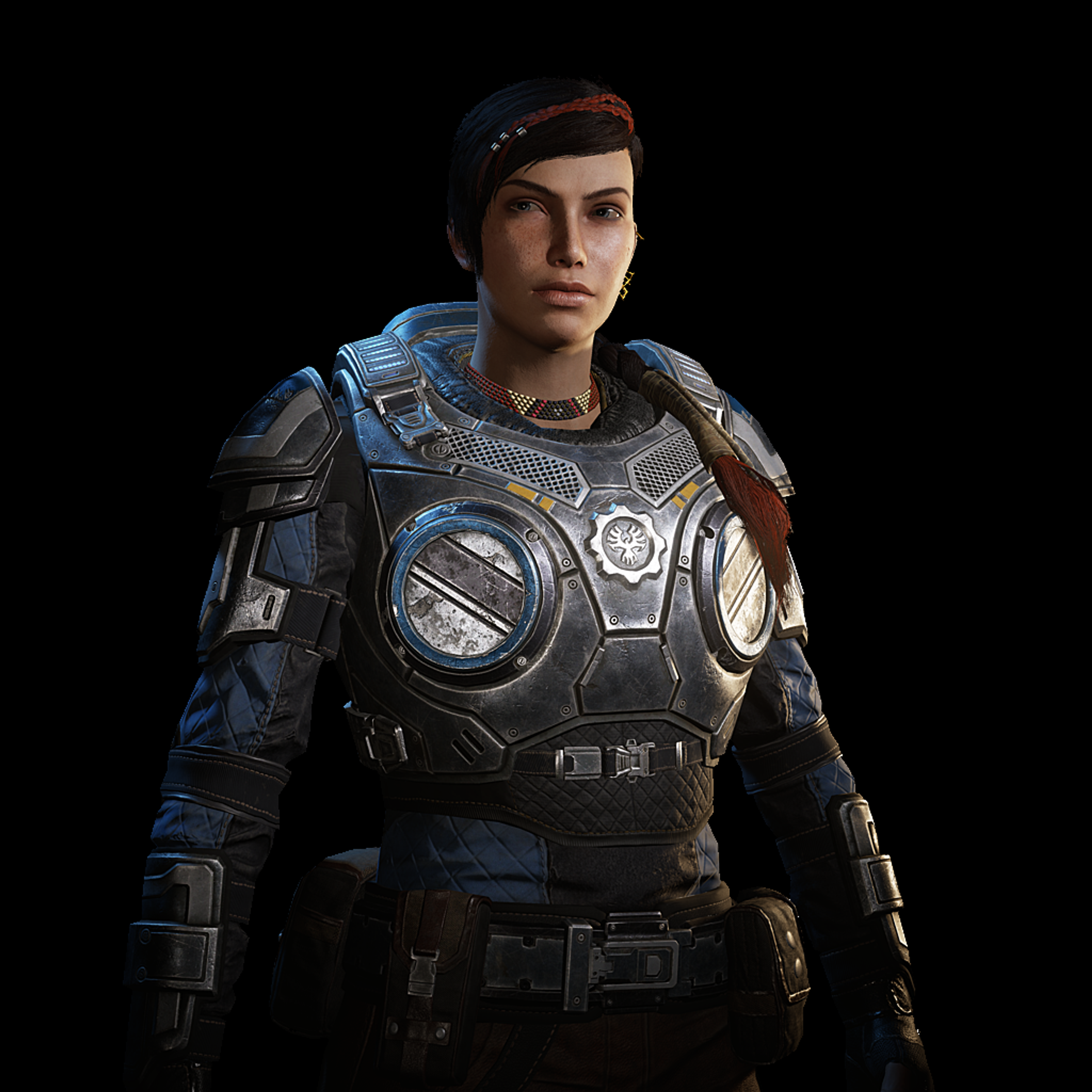 A woman in a military-style outfit with armor plating