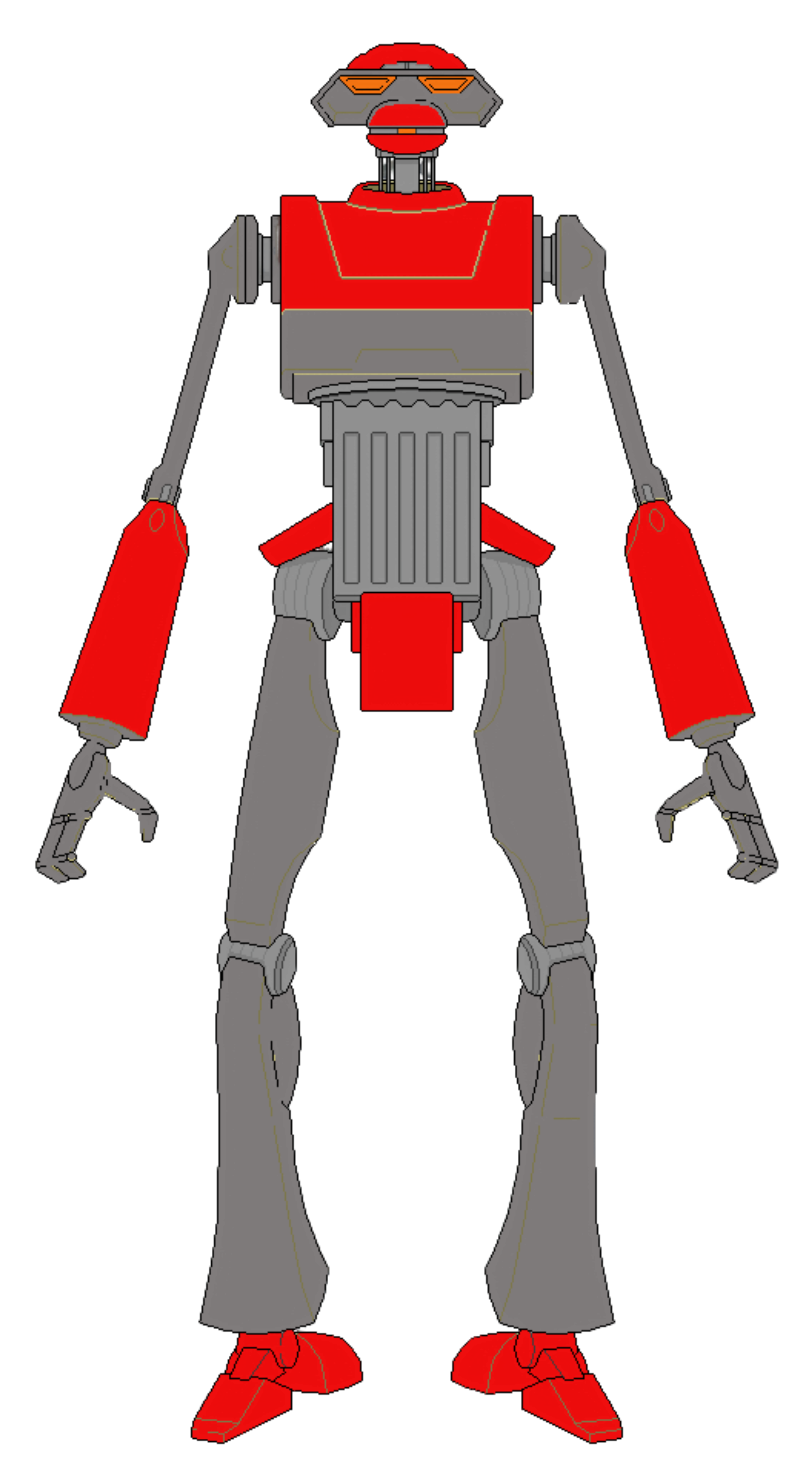 A detailed robotic character with a red and grey color scheme
