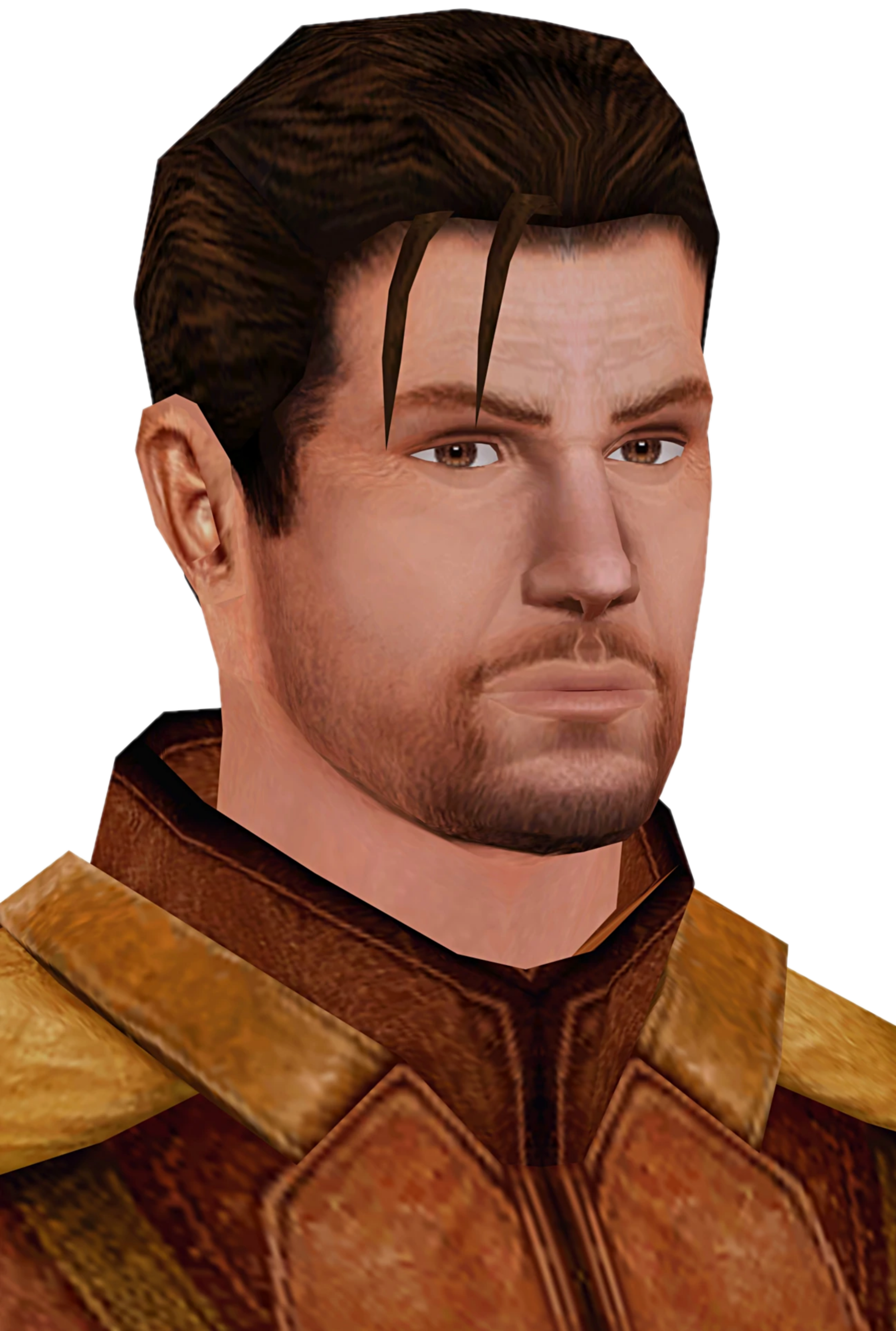 A human male character in a military uniform with short brown hair and a beard