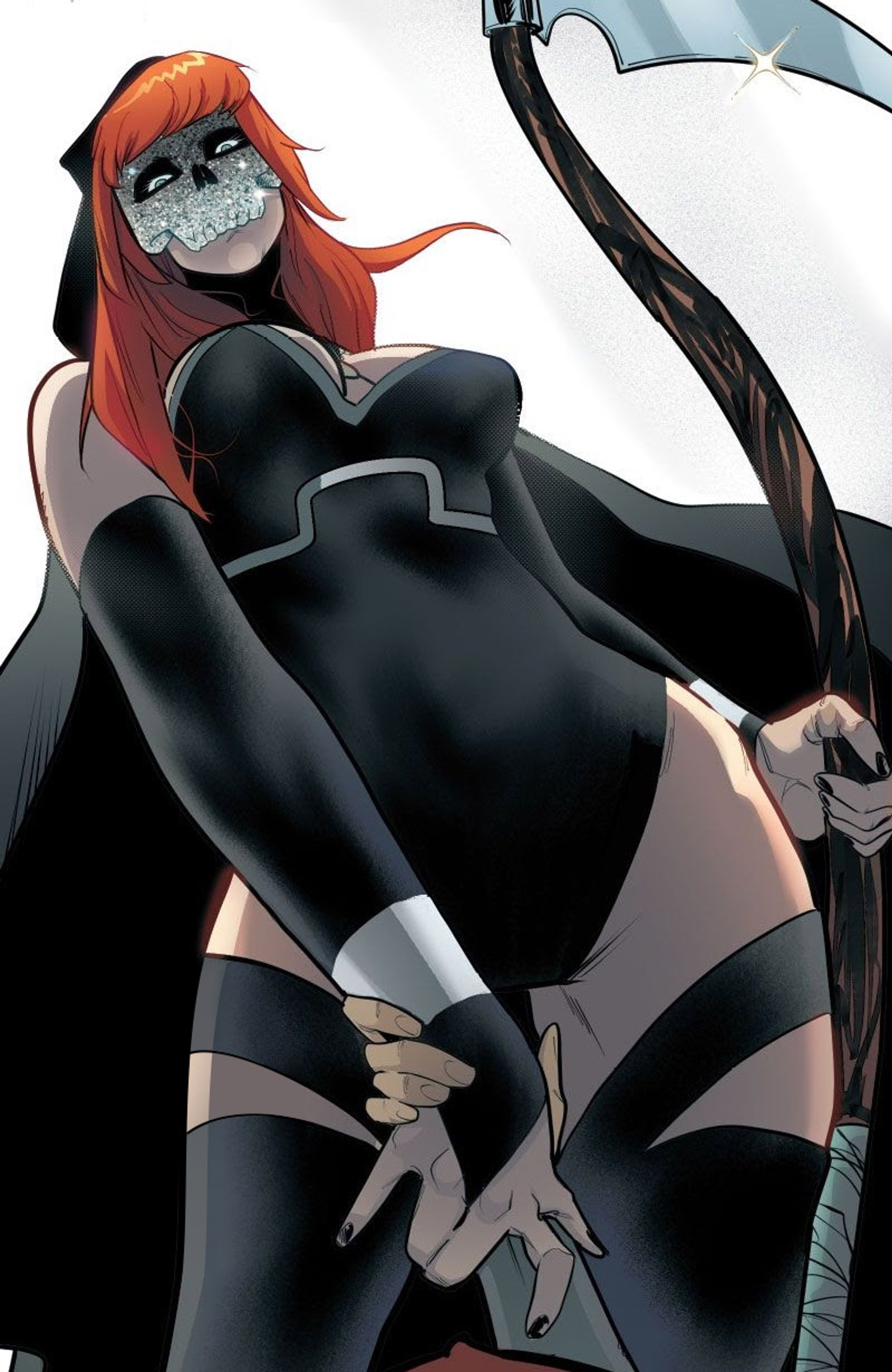 A woman with red hair and green eyes wearing a black costume with geometric patterns, in a heroic pose.