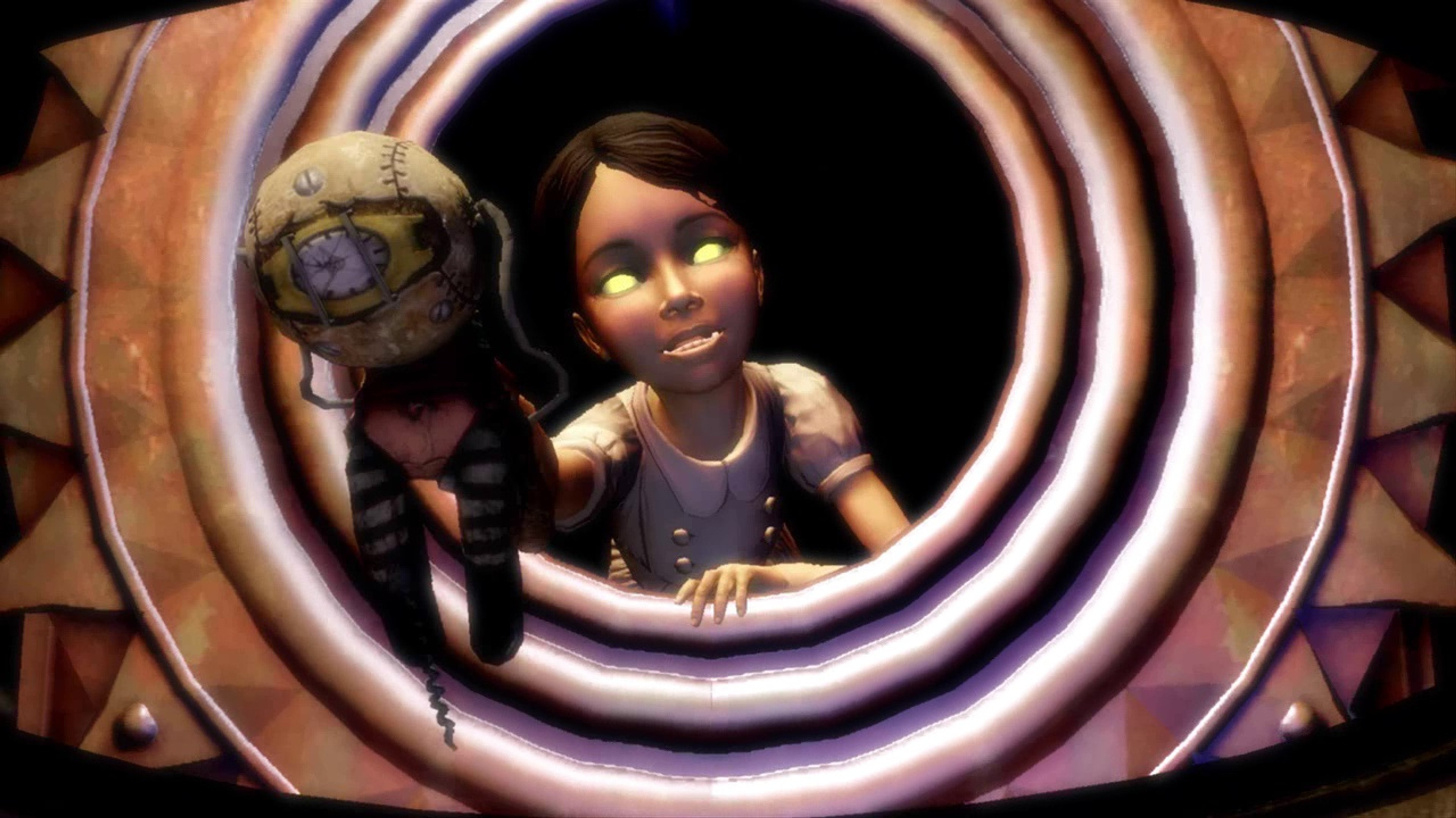 A young woman in a white shirt standing in a tunnel-like structure surrounded by glowing purple rings.