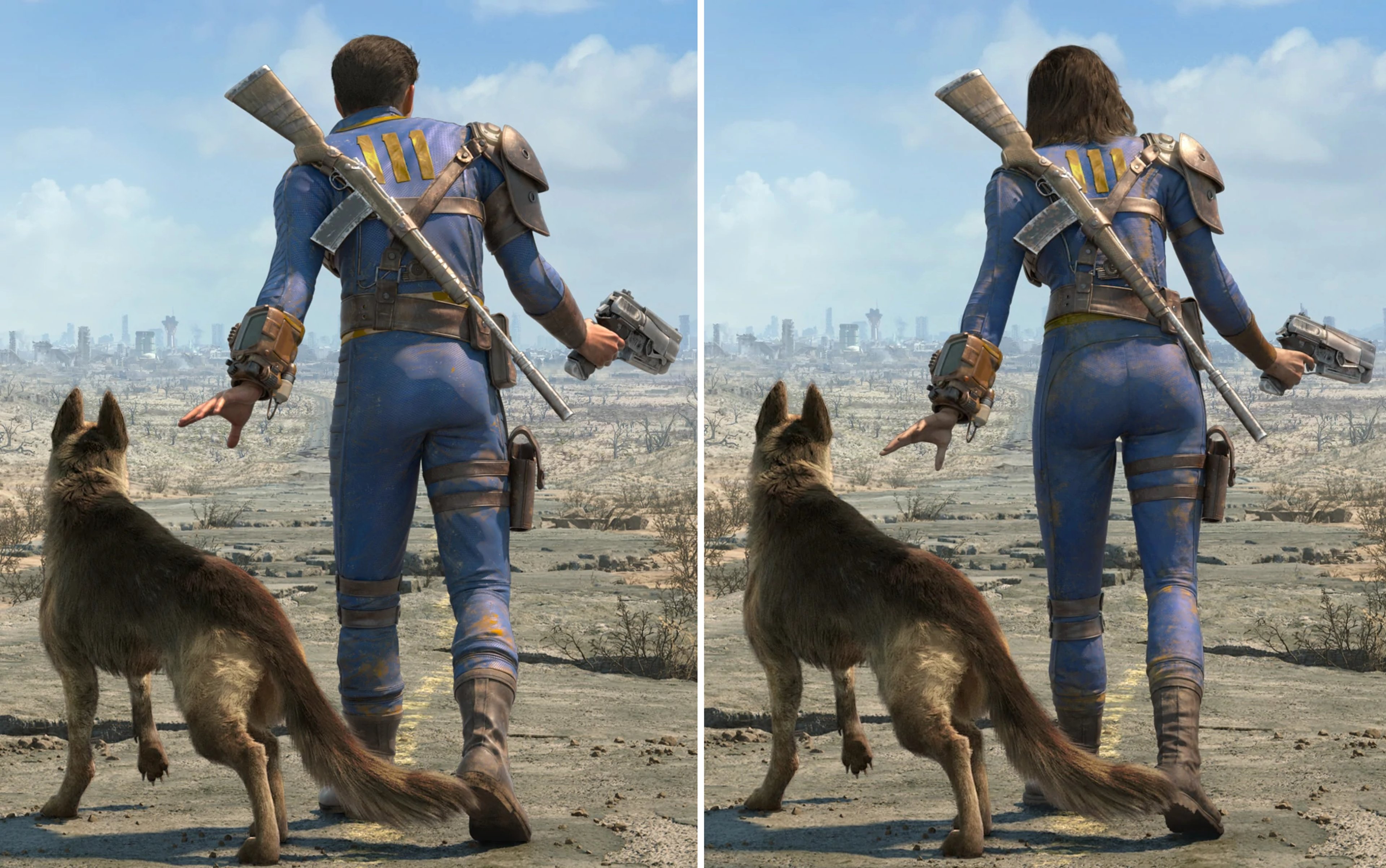 A female character in a blue jumpsuit holding a large weapon, standing in a desert-like environment with a dog at her side.