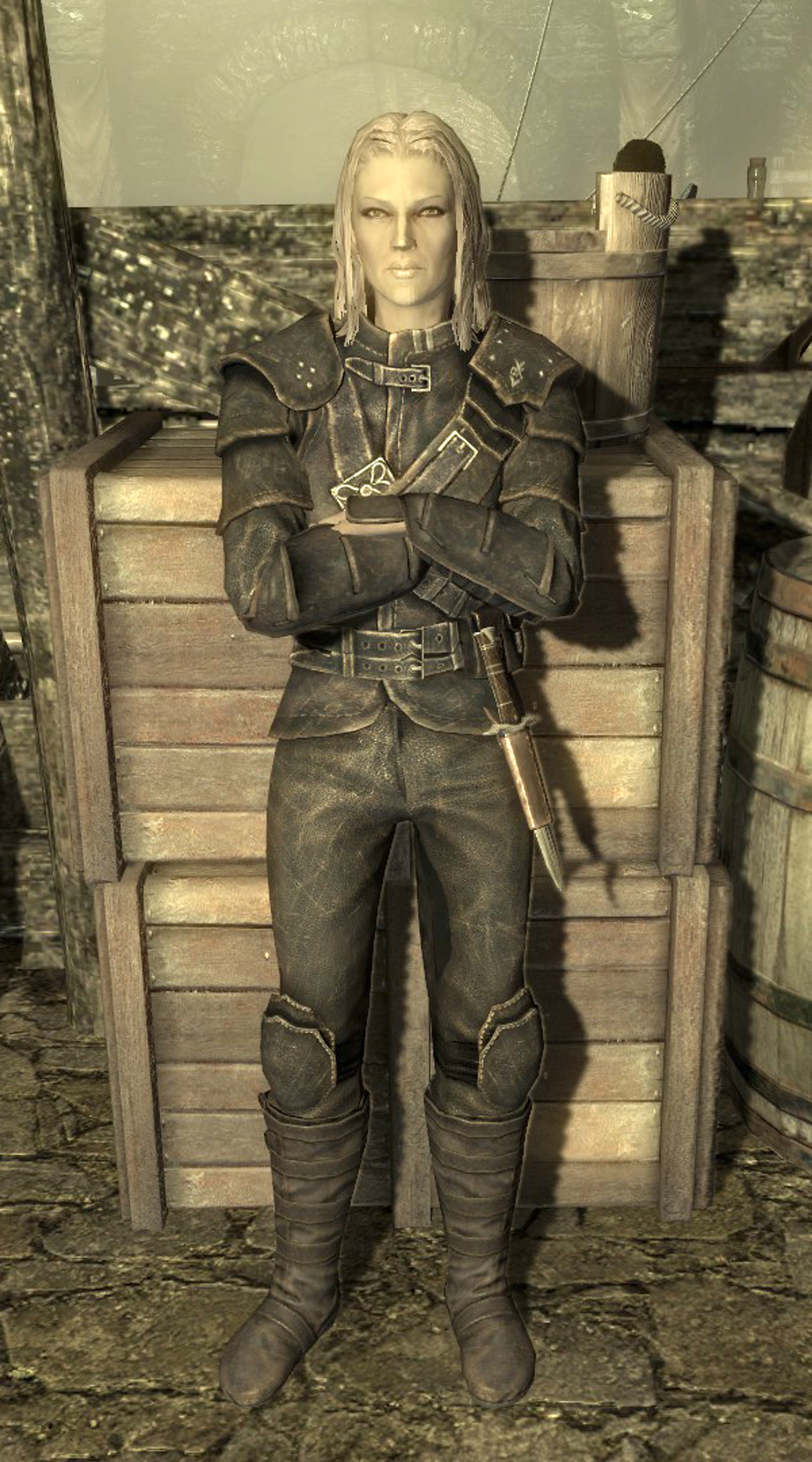 A female character in dark leather armor standing in an outdoor setting