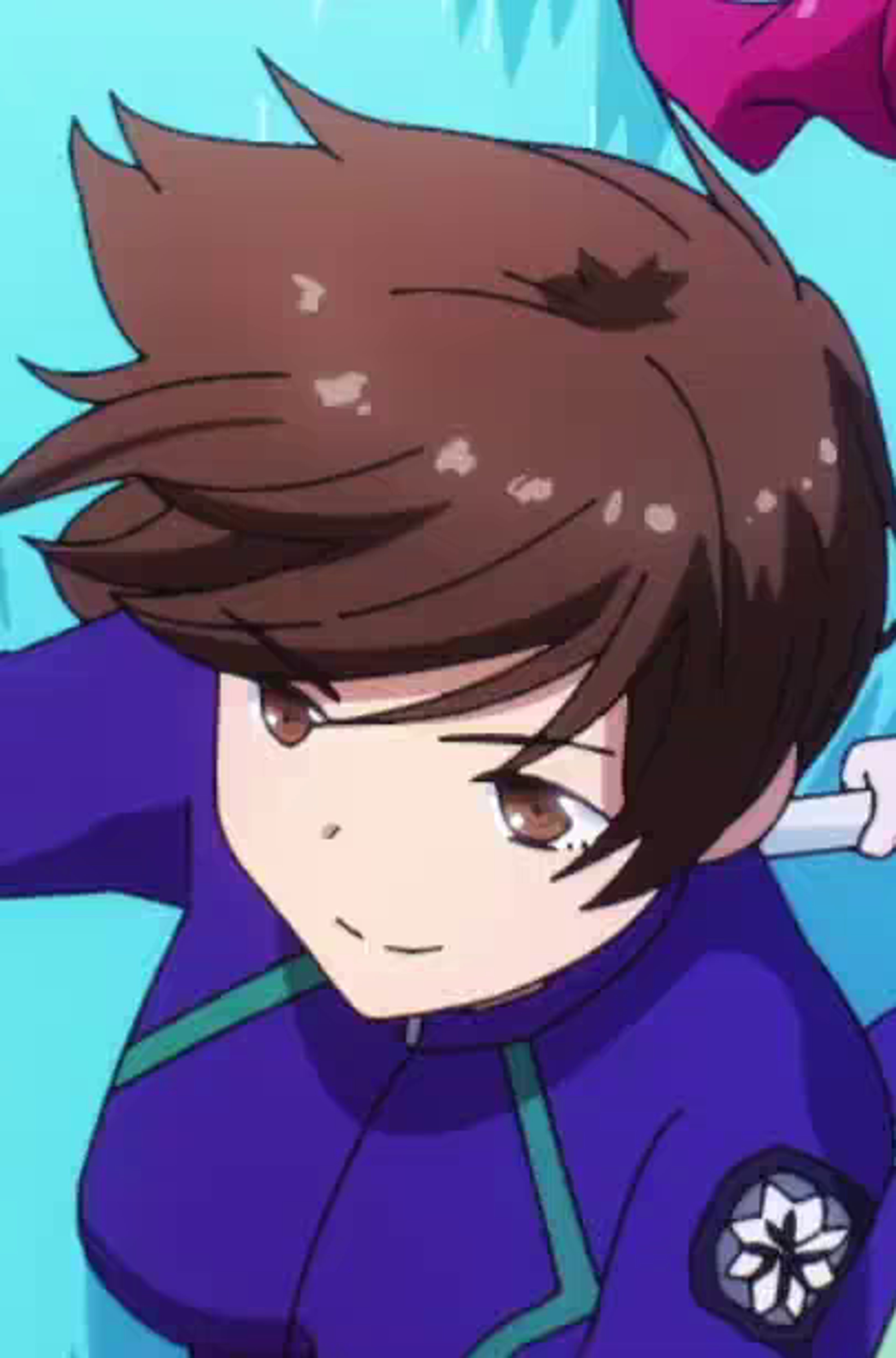An anime-style character with messy brown hair wearing a purple jacket