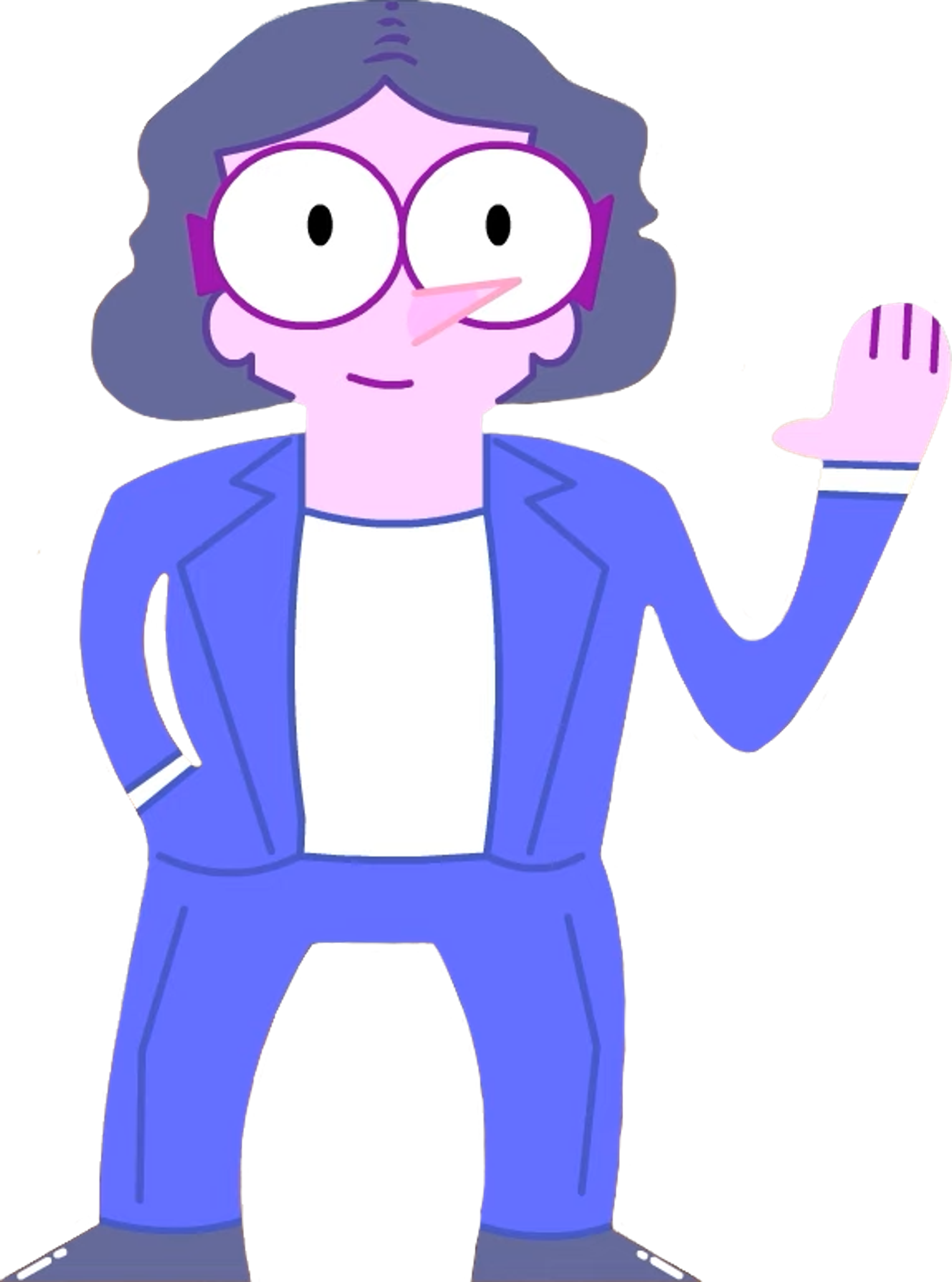 A cartoon character of a tall, lilac-colored woman in a blue pantsuit and glasses