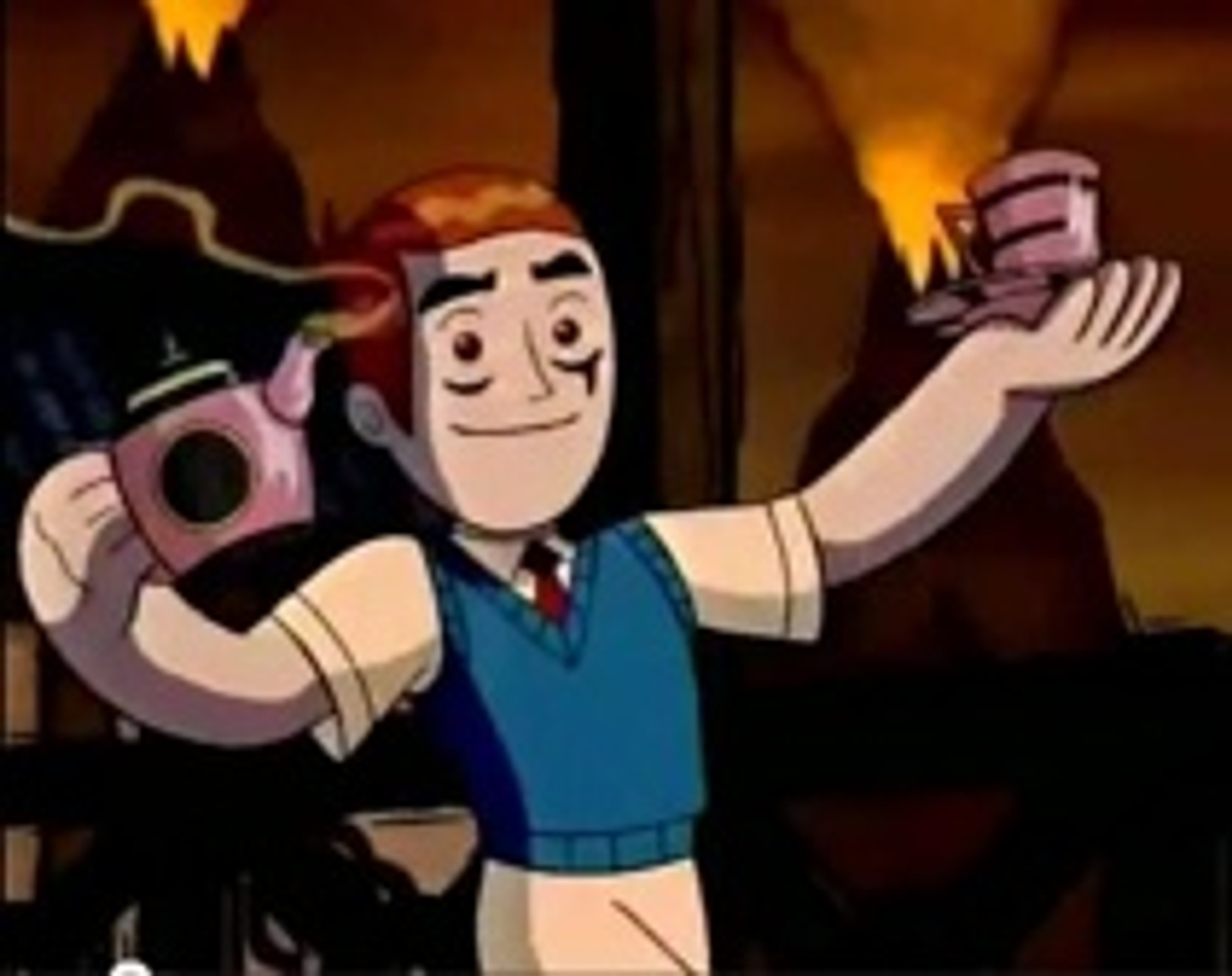 An animated character with red hair, wearing preppy attire, gesturing excitedly.