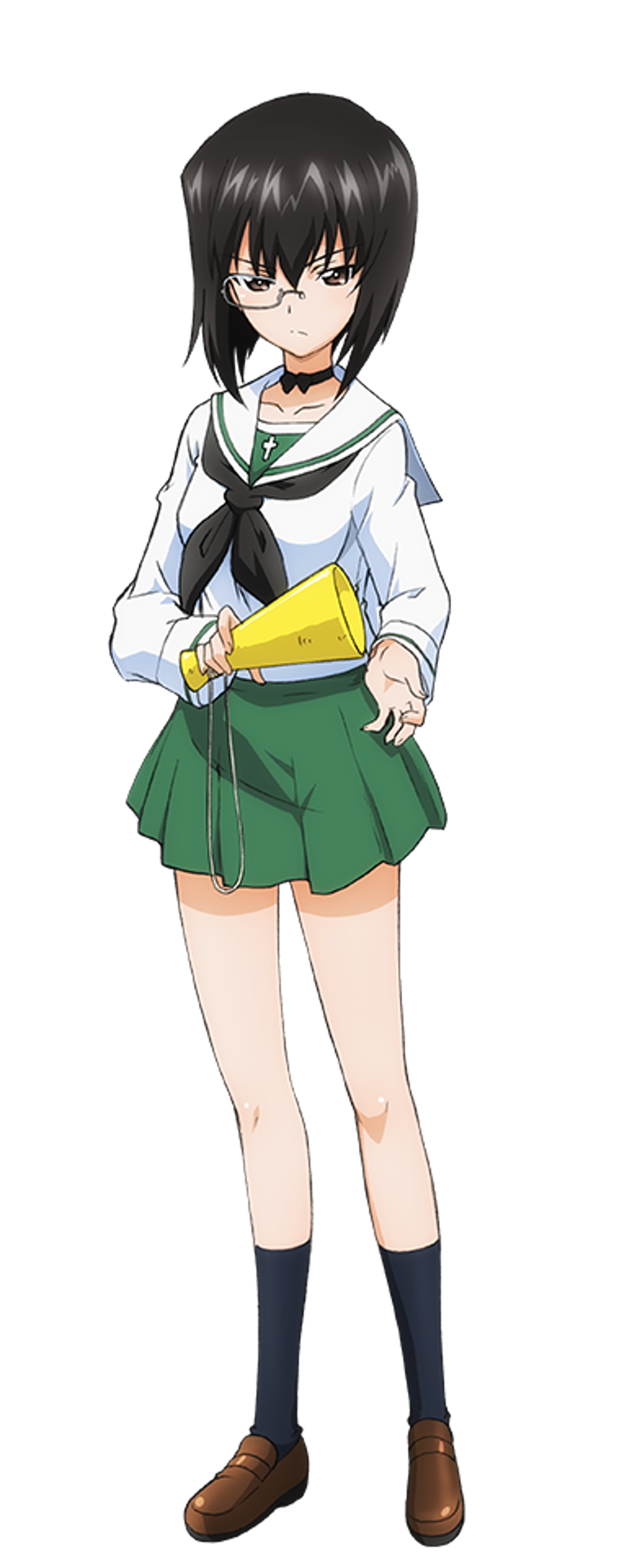 An anime-style character with black hair, a monocle, and a school uniform