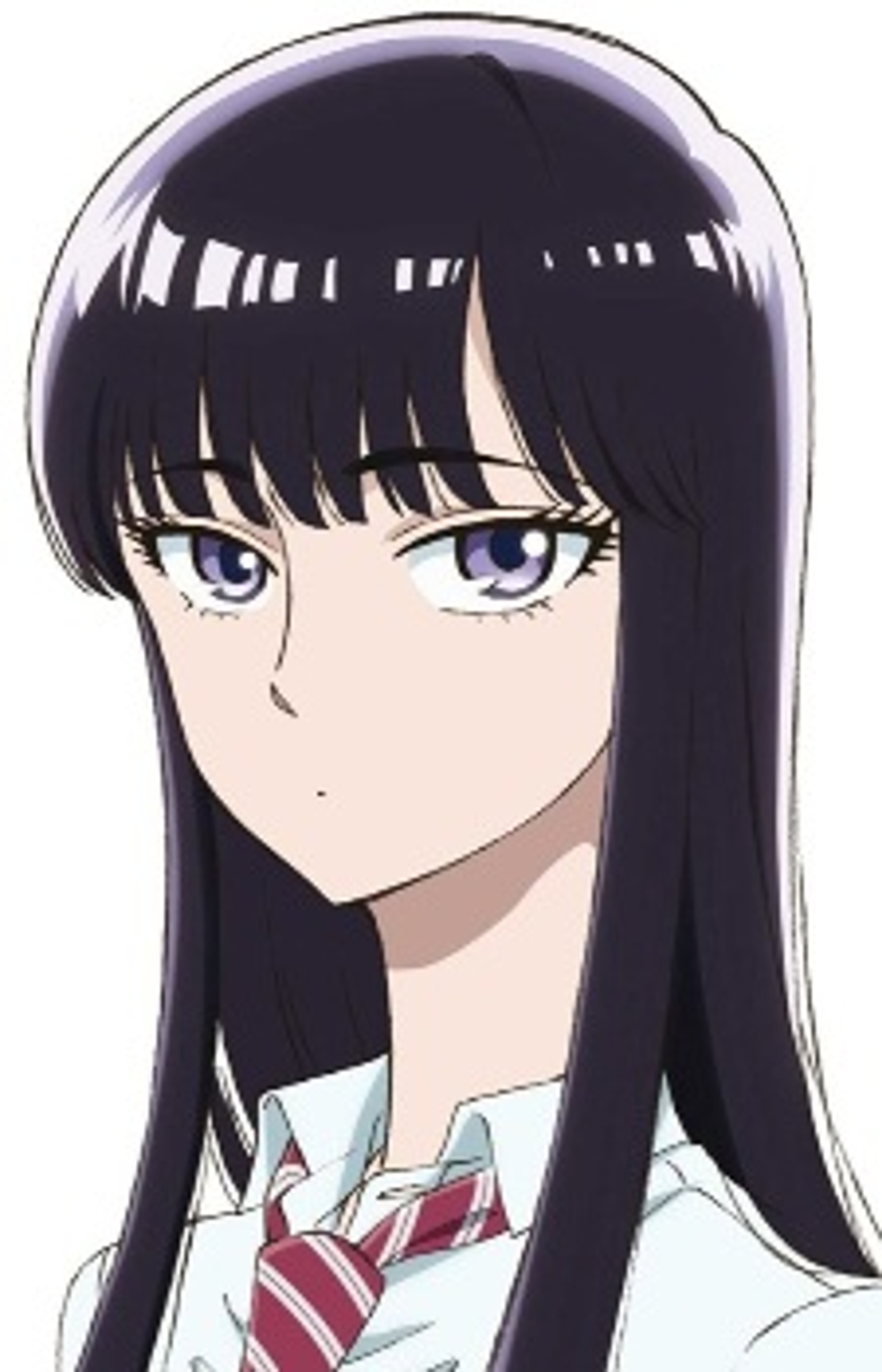A young woman with long black hair and purple eyes wearing a school uniform