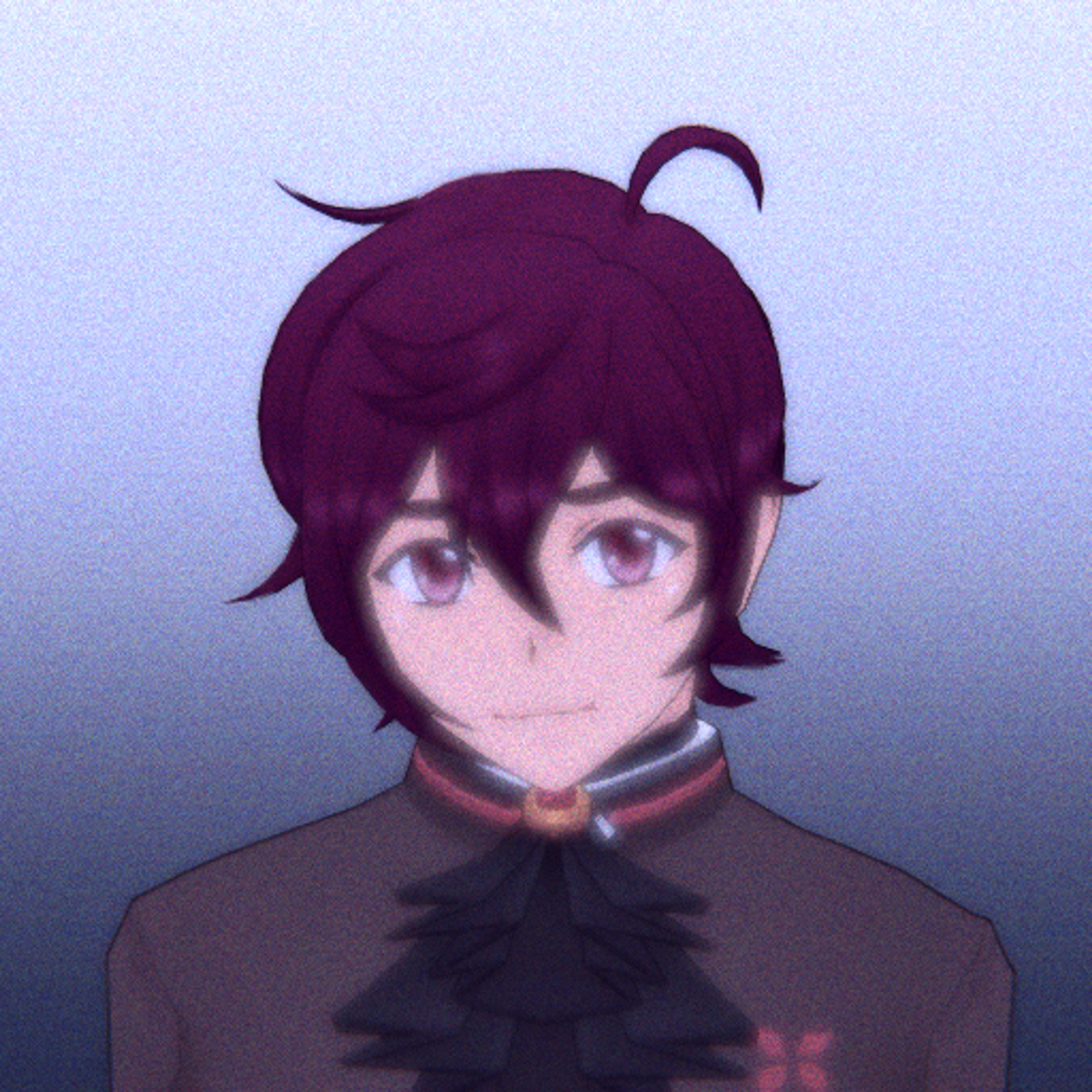 A young male anime-style character with dark purple hair and maroon eyes