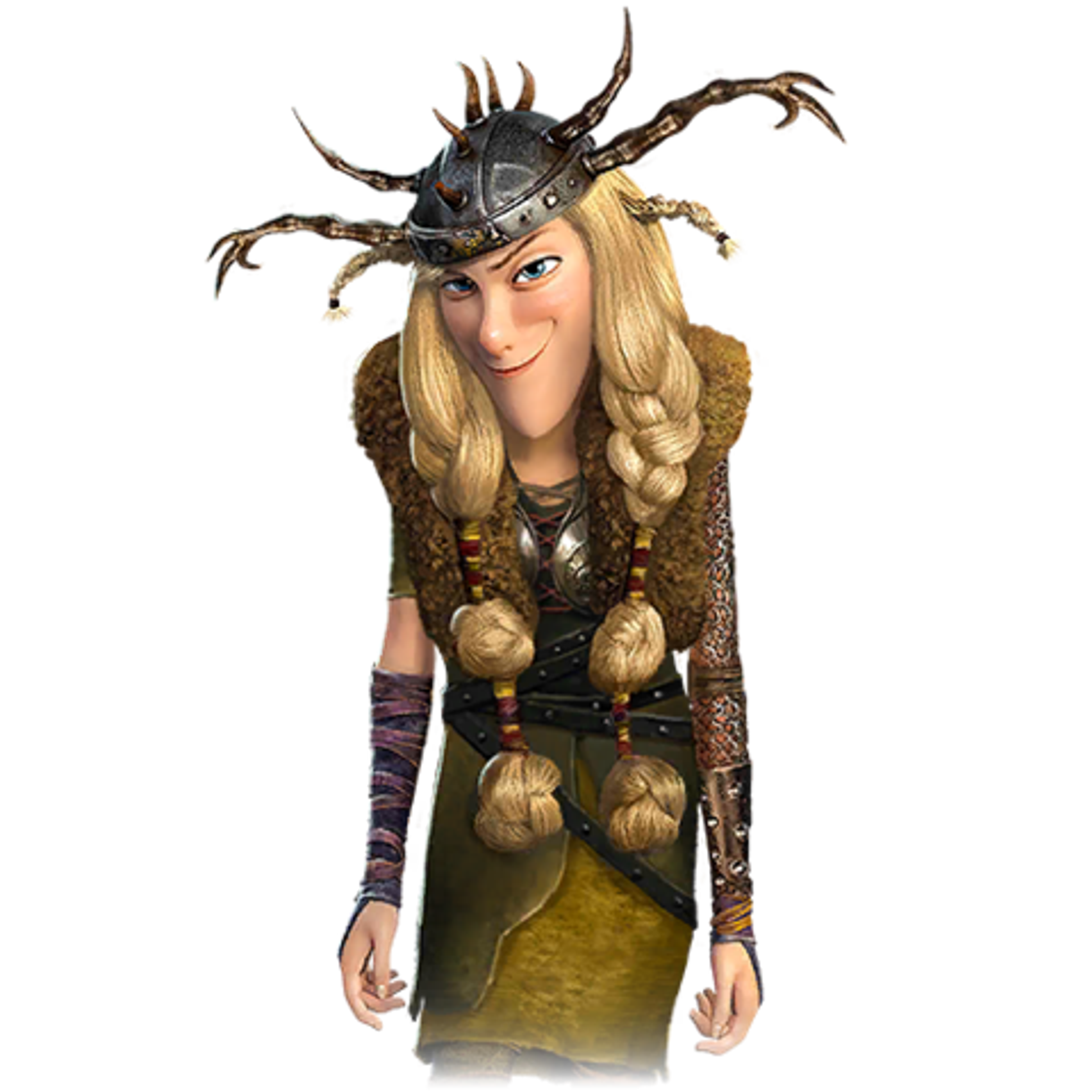 A young Viking woman with braided blonde hair and a horned helmet, wearing a fur-lined outfit and making a mischievous expression.