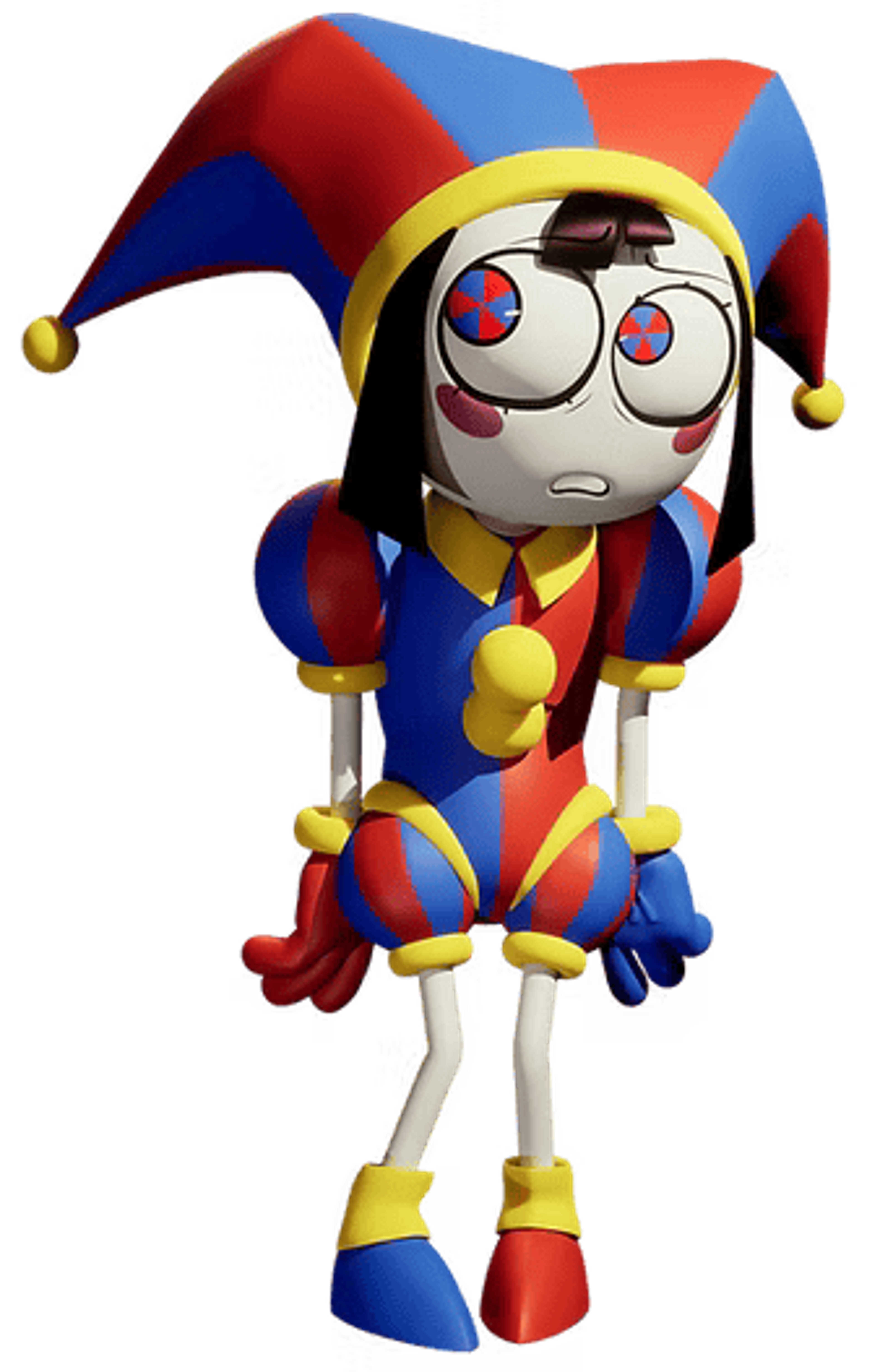 A cartoon character with a jester-like appearance, wearing a colorful costume with a pointed hat and large shoes.