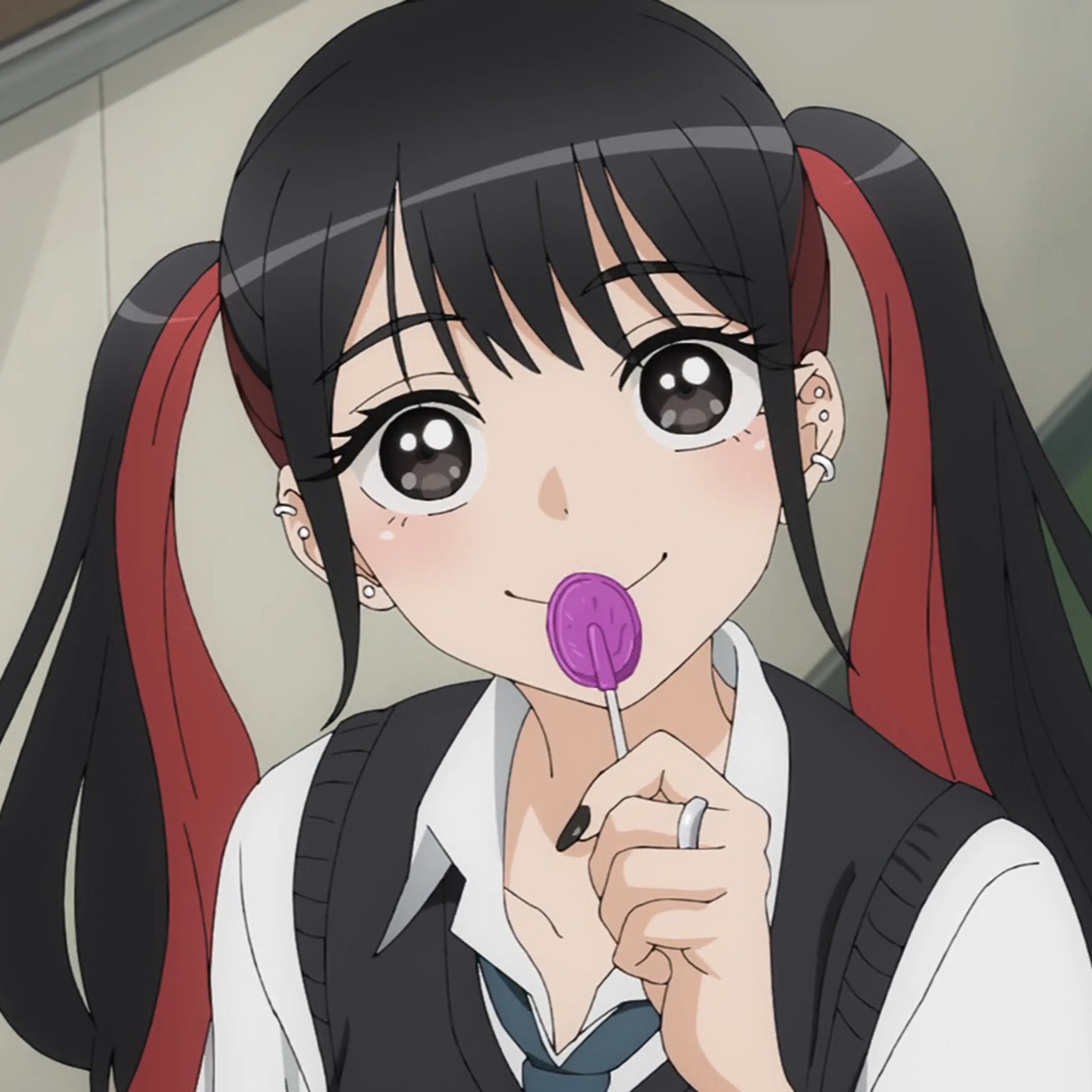 An anime-style character with black and red hair in pigtails, wearing a school uniform and holding a lollipop.