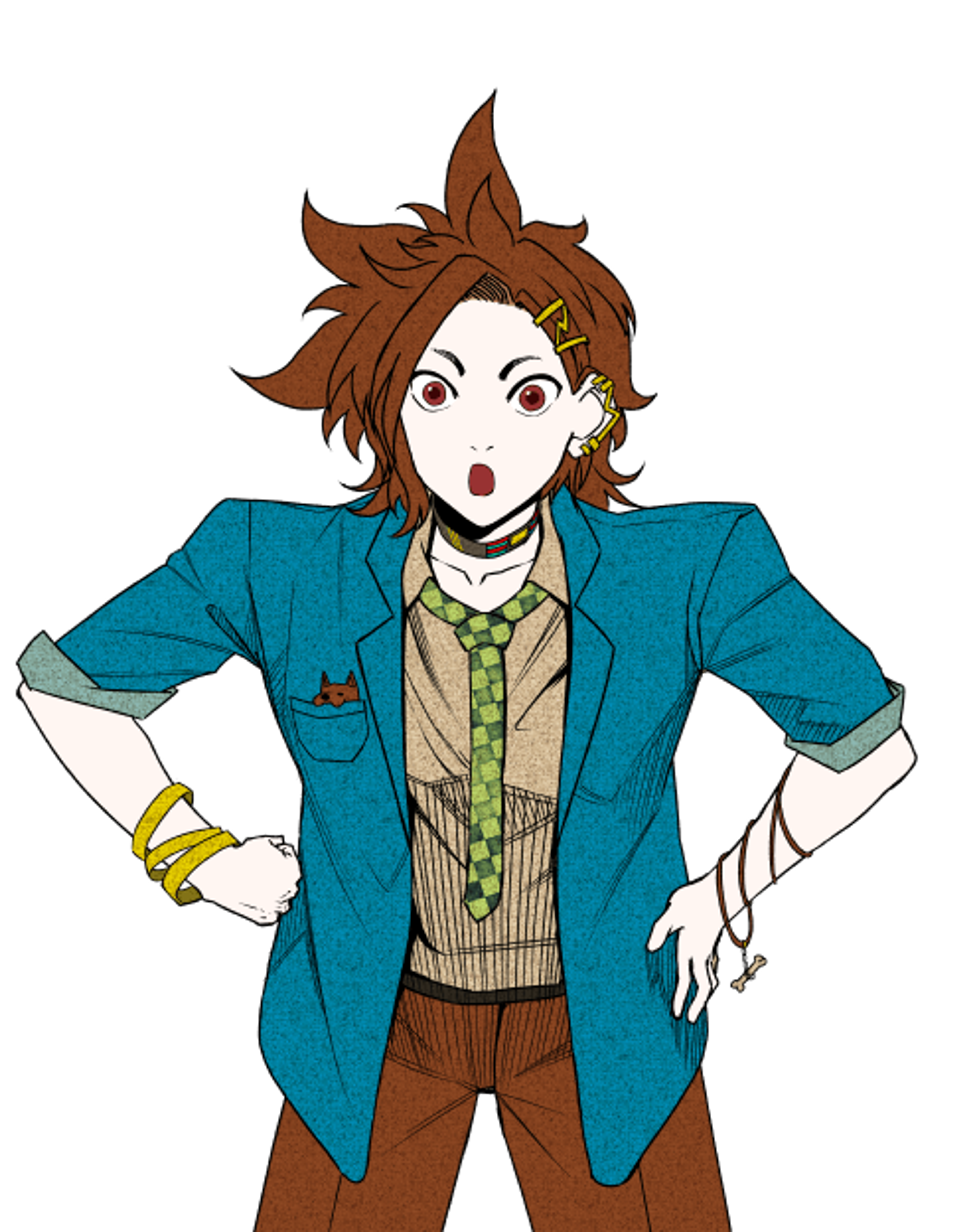 An anime-style character with messy brown hair, reddish-brown eyes, and multiple gold piercings on his left ear, wearing a blue school blazer with rolled-up sleeves, an open shirt collar, and a green checkered tie.