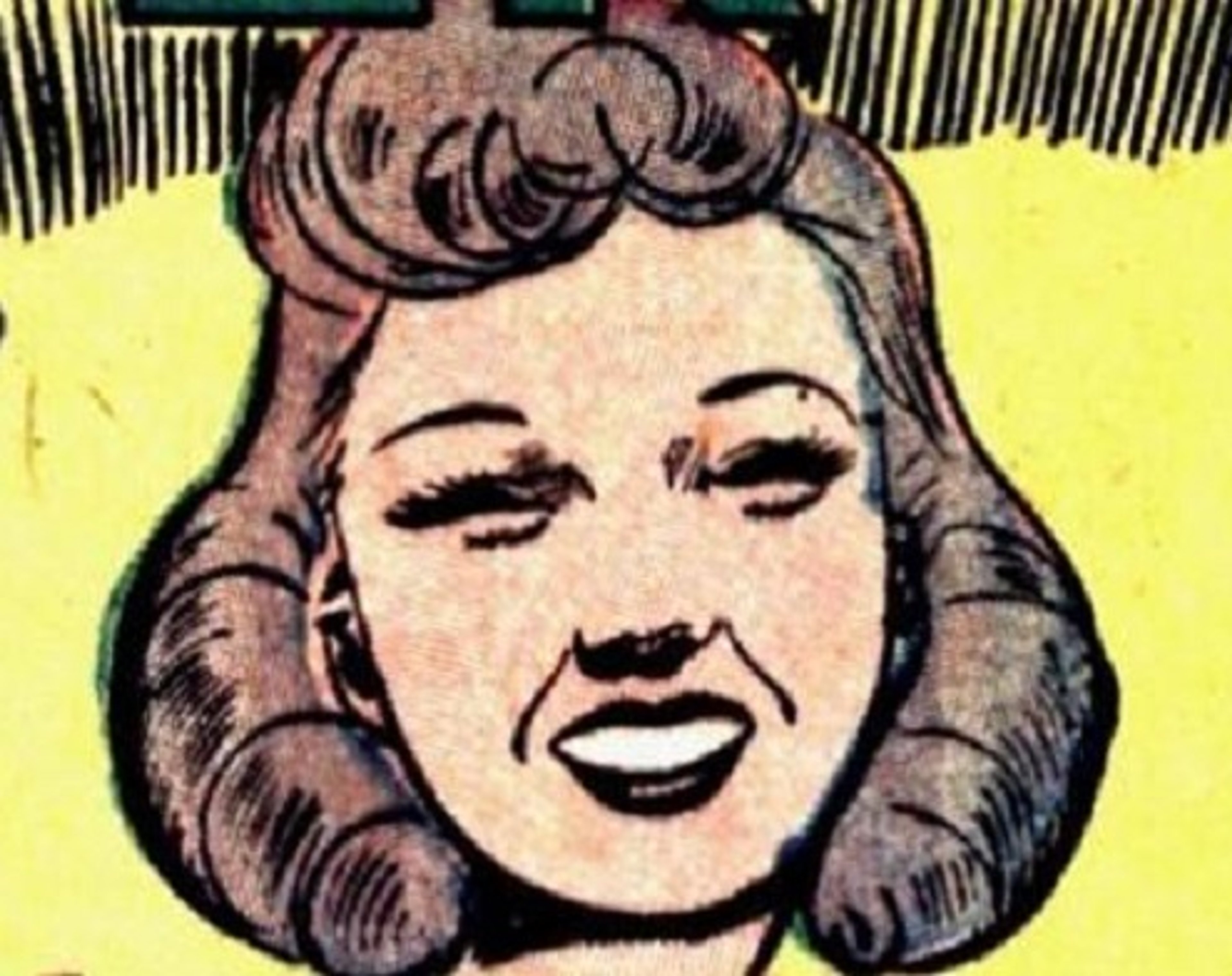 A stylized portrait of a woman with an exaggerated, comic book-like appearance.