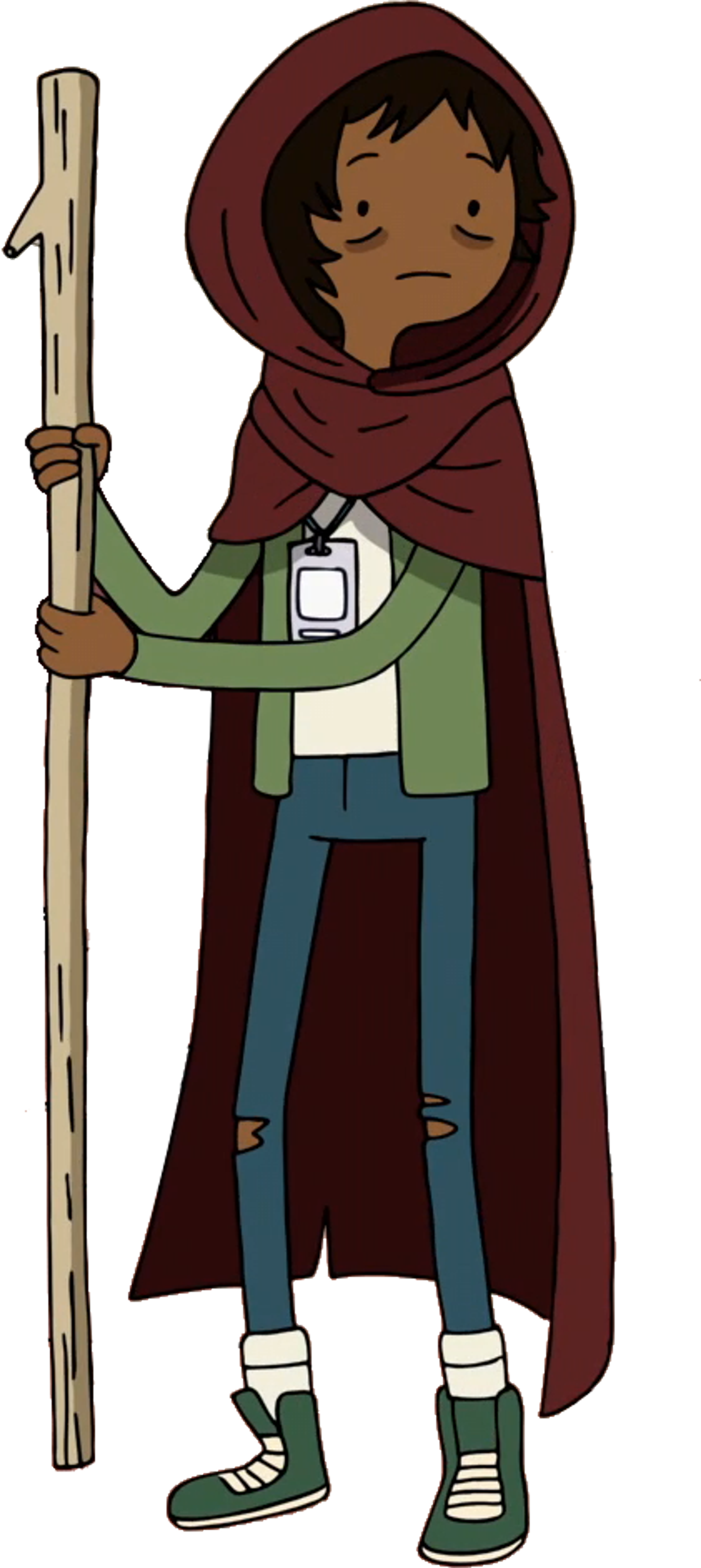 A young woman in a red hooded cloak holding a wooden staff