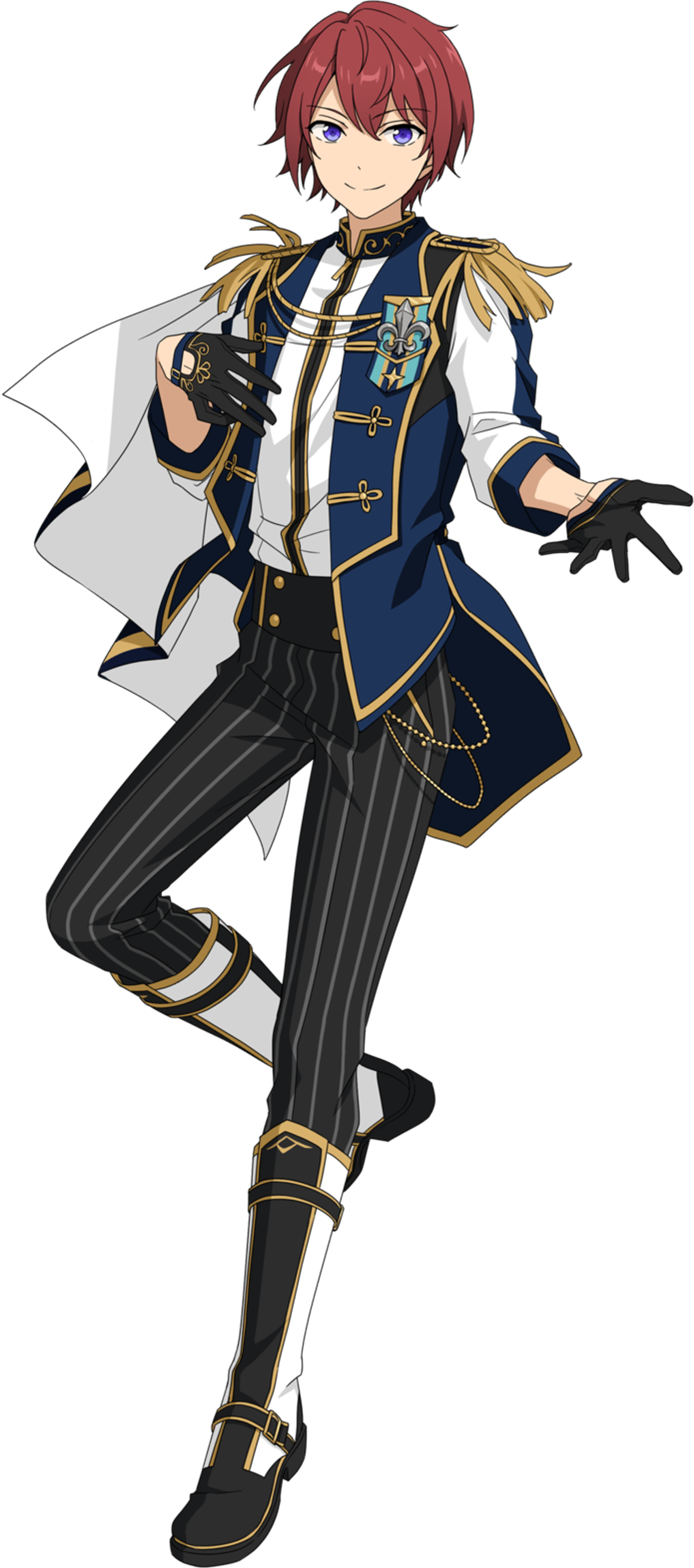 A young man with red hair and blue eyes, wearing a blue and gold military-style outfit.