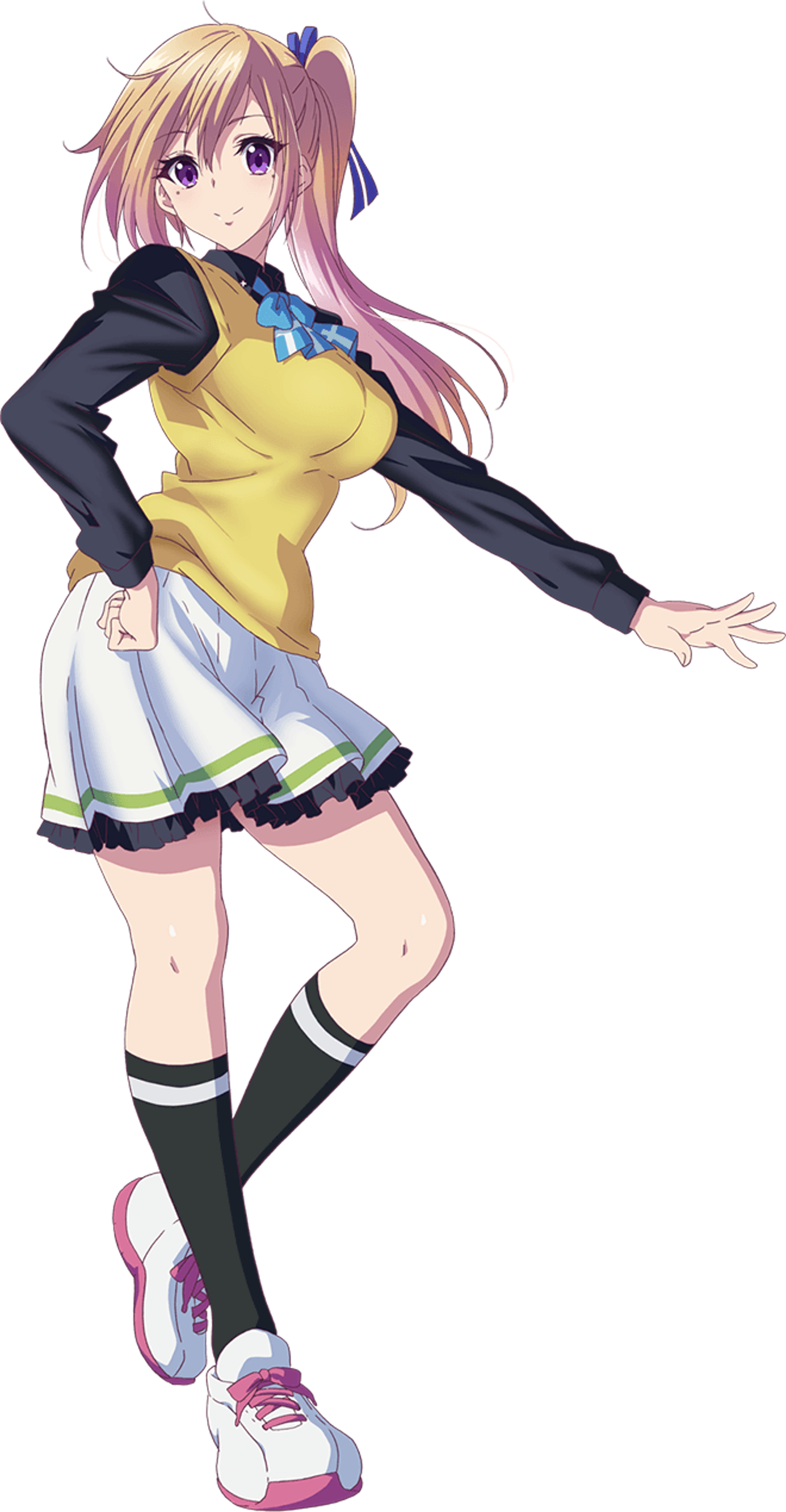 An anime character with long blonde hair and purple eyes, wearing a yellow top, black jacket, and short white skirt.