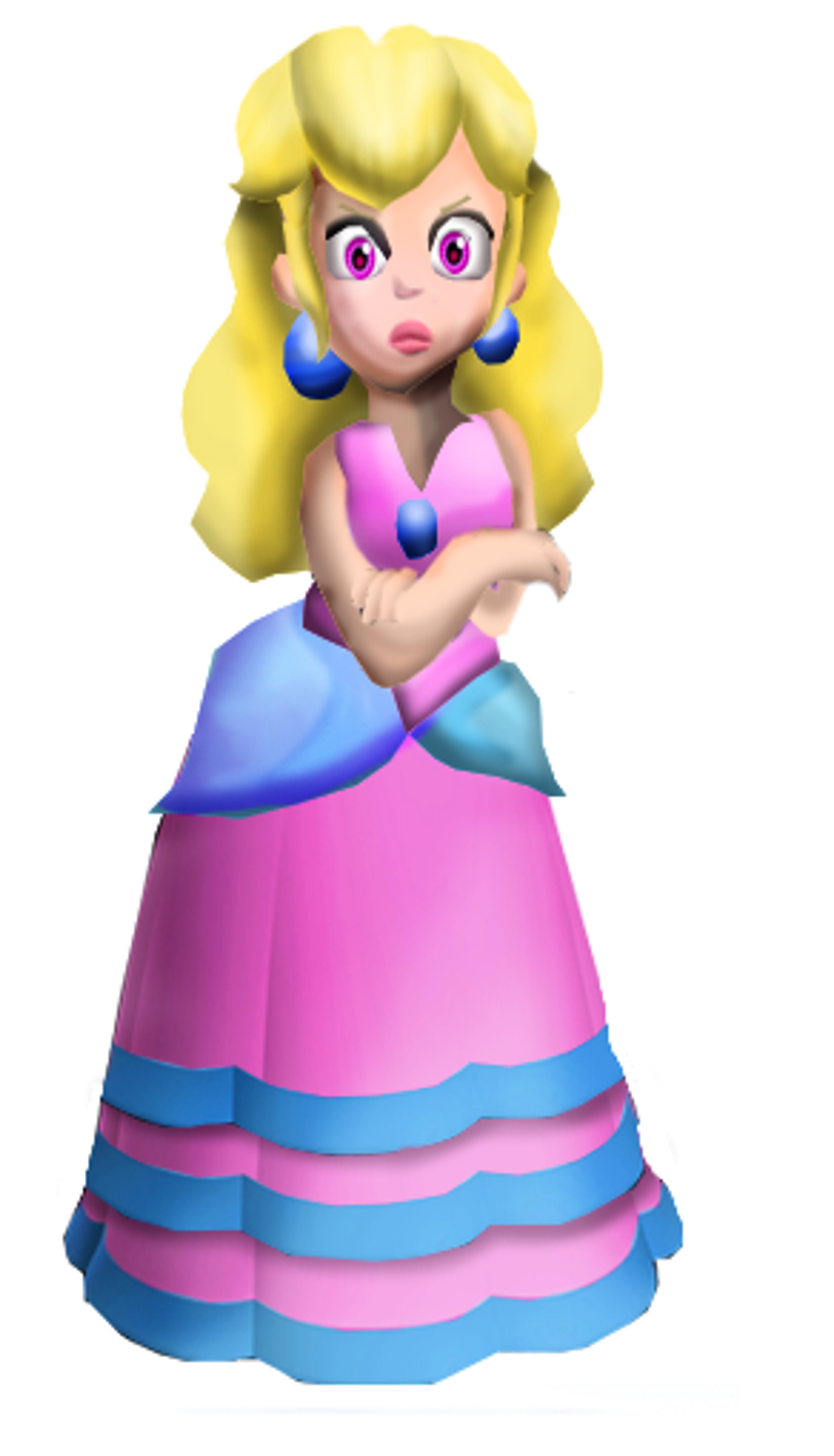 A young female character with light blonde hair wearing a pink and blue princess-style dress