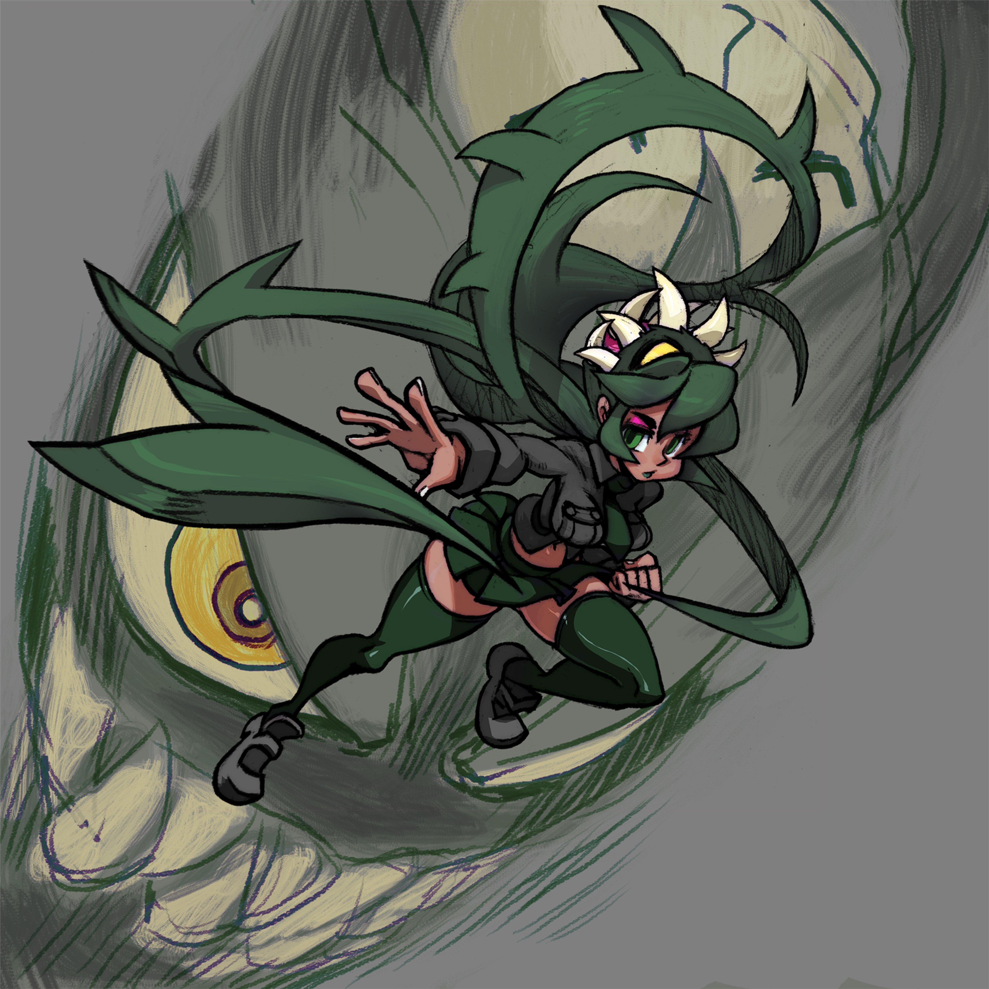 A female warrior character with green hair and a black and green costume, in a dynamic action pose.