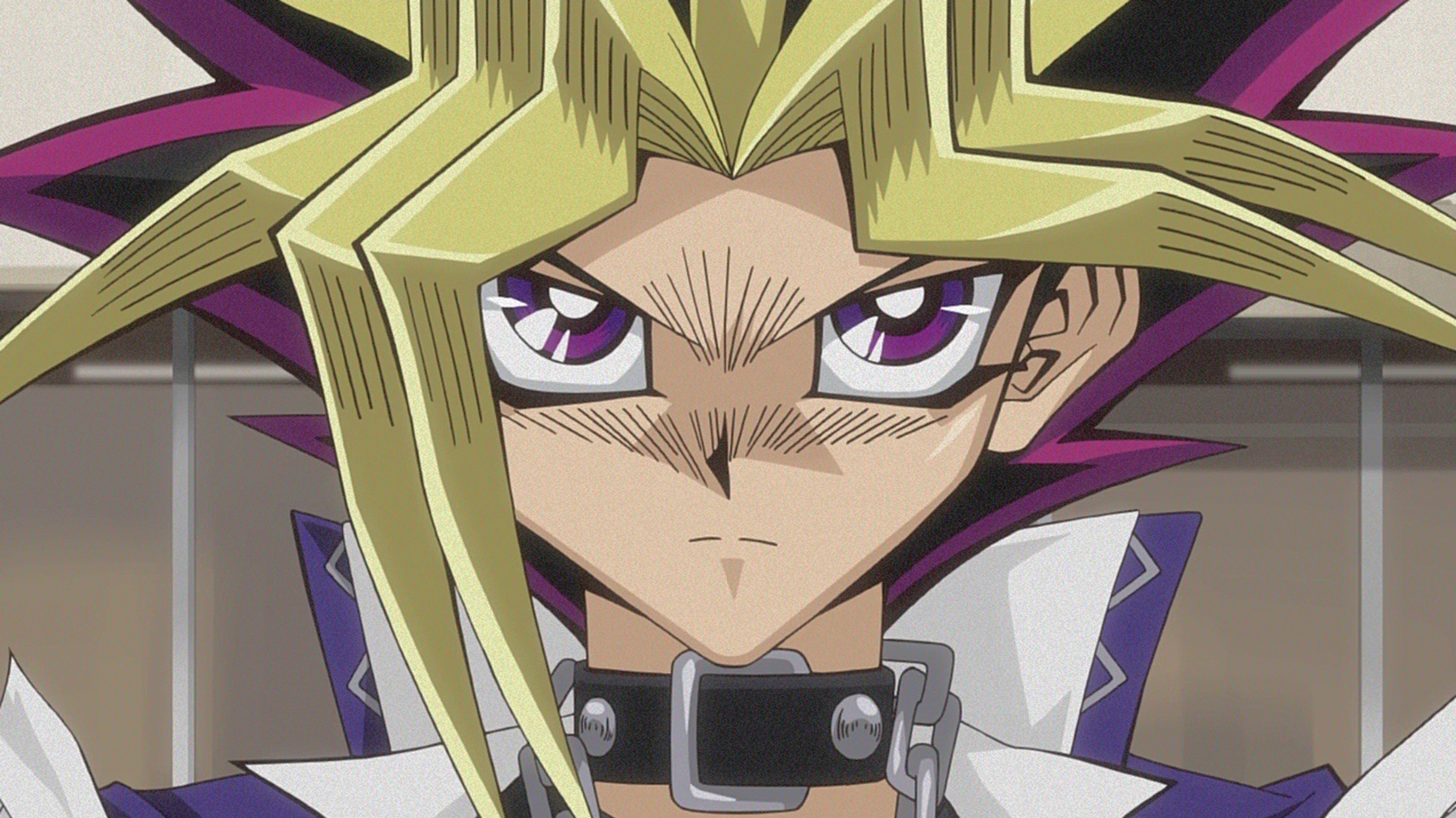 An anime character with spiky, tri-colored hair and intense eyes, wearing a black leather jacket and pants.