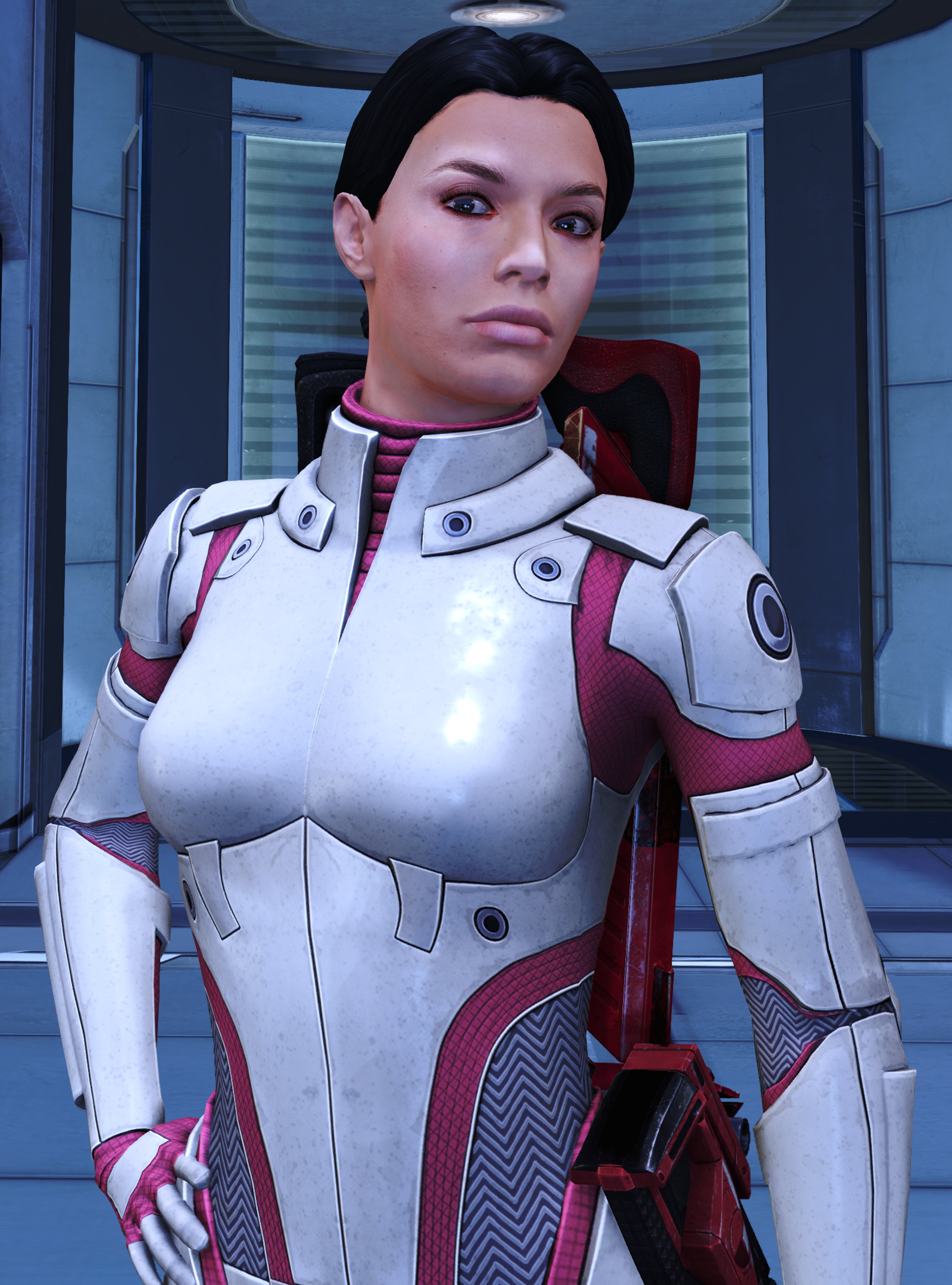 A female character in a white and red armored suit with a serious expression