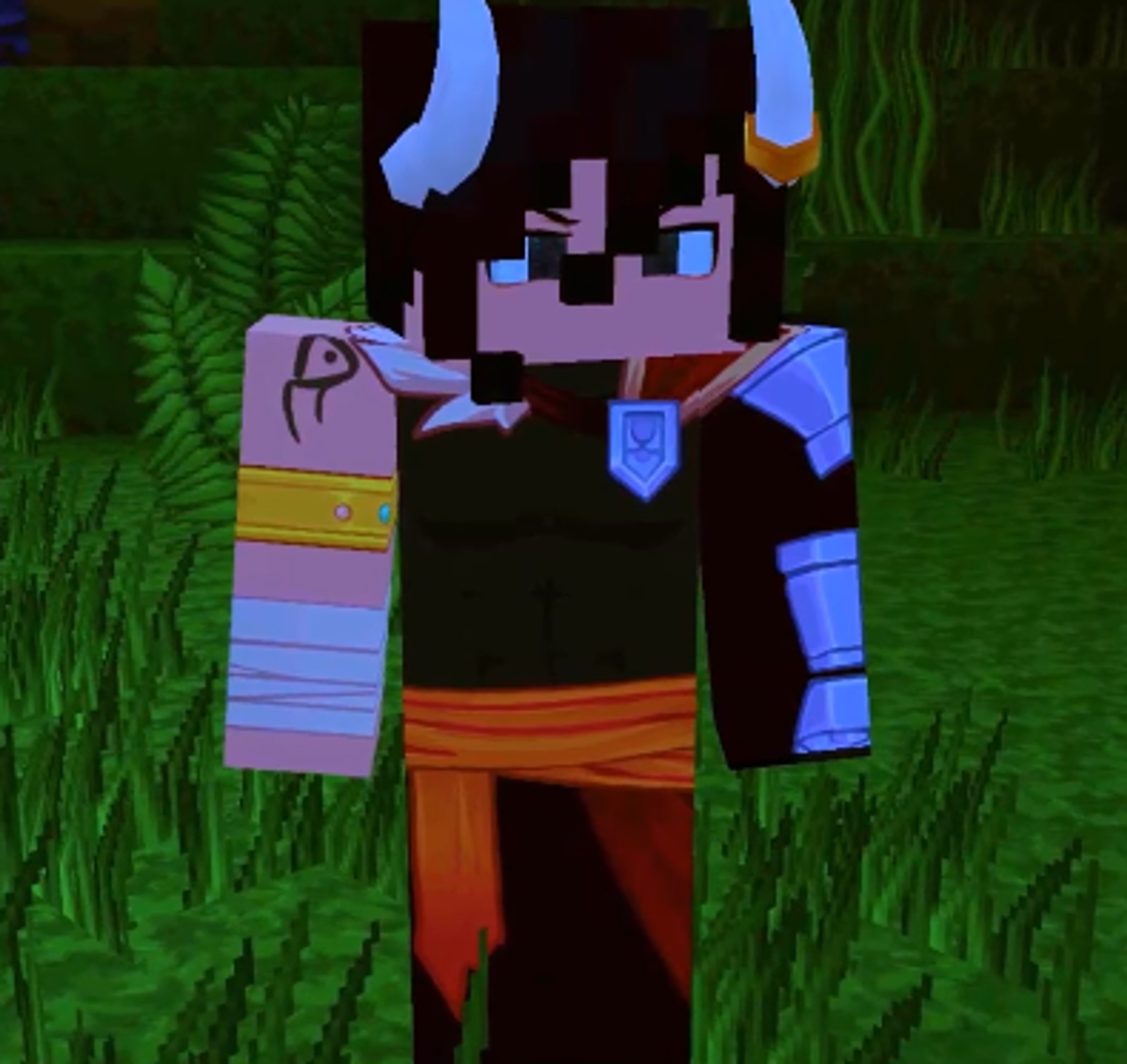 A detailed illustration of a character with black hair, horns, and dark armor