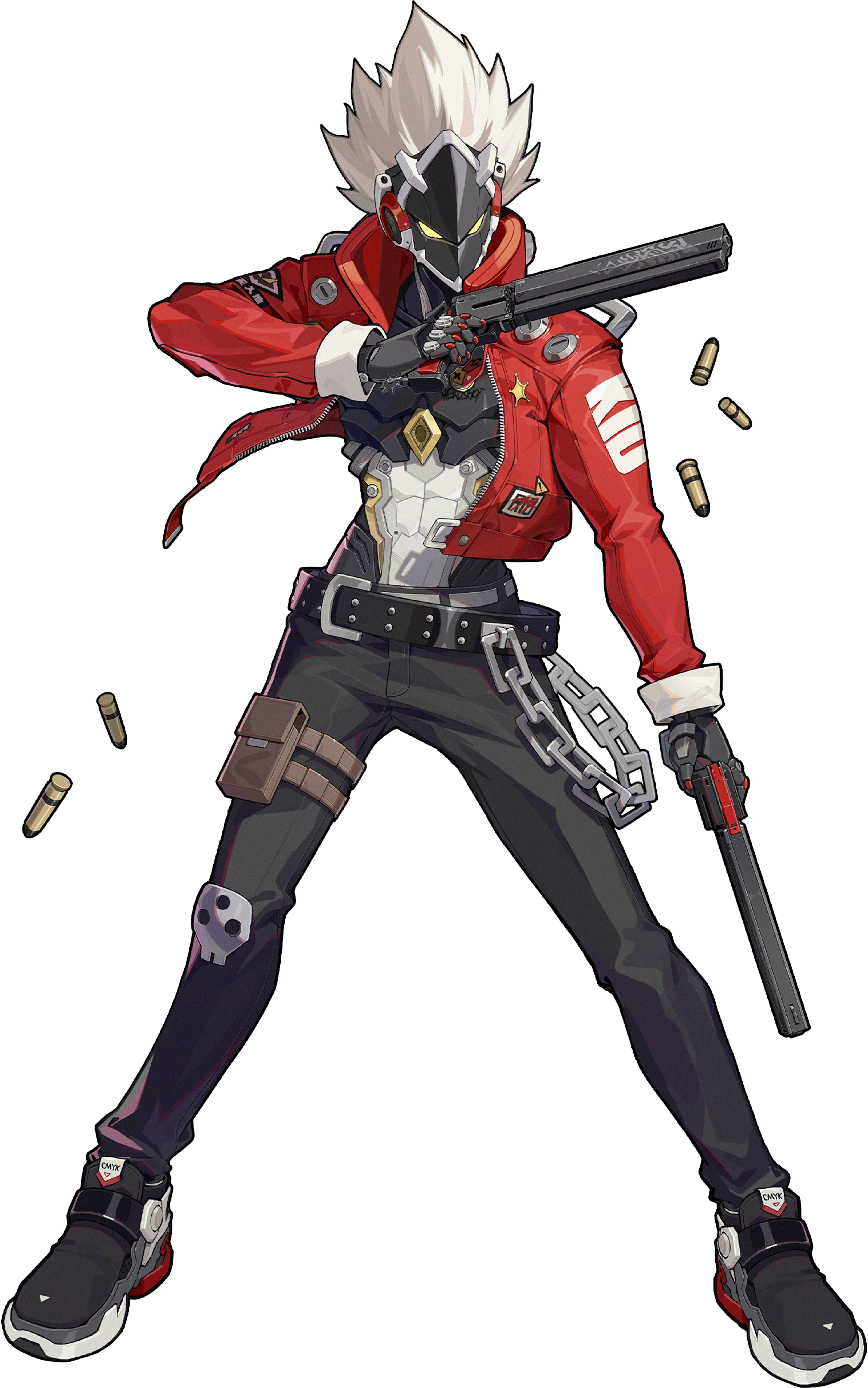 An anime-style character with white hair and a red and black outfit, holding a large gun in a combat pose.