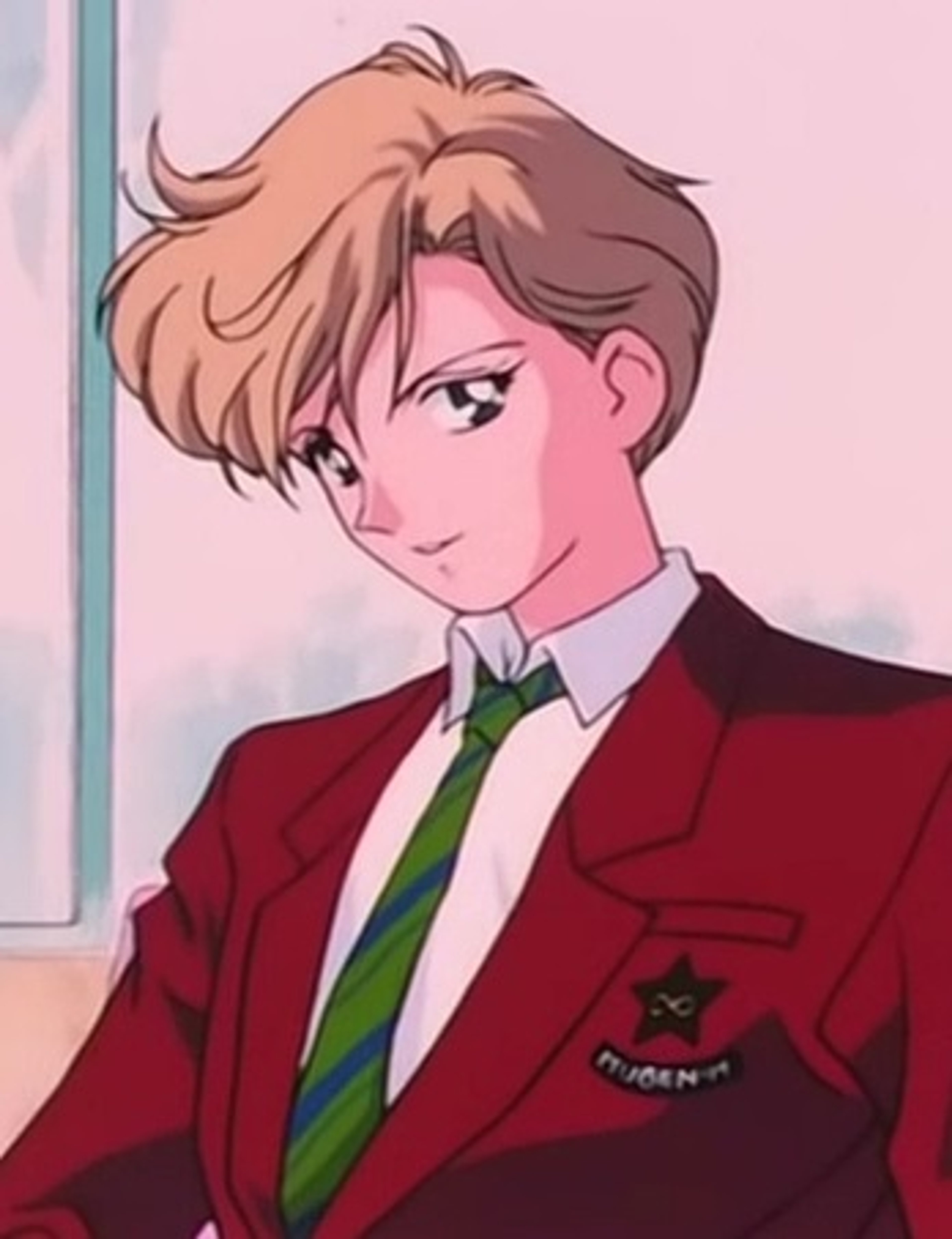 An androgynous character in a red school uniform with a green tie