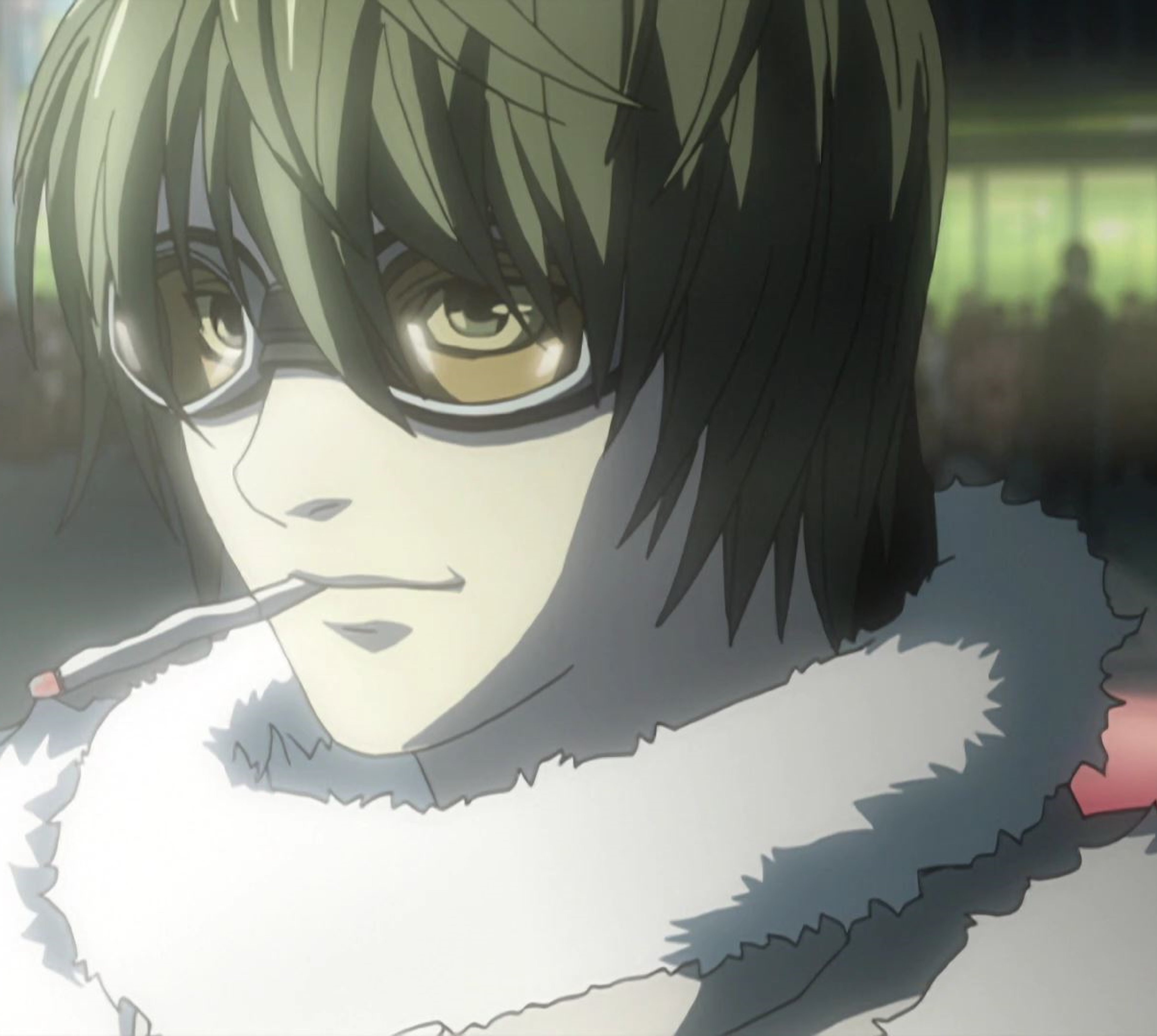 An anime-style character with short, spiky black hair and intense eyes, wearing a black and white striped shirt with a fur-trimmed collar.