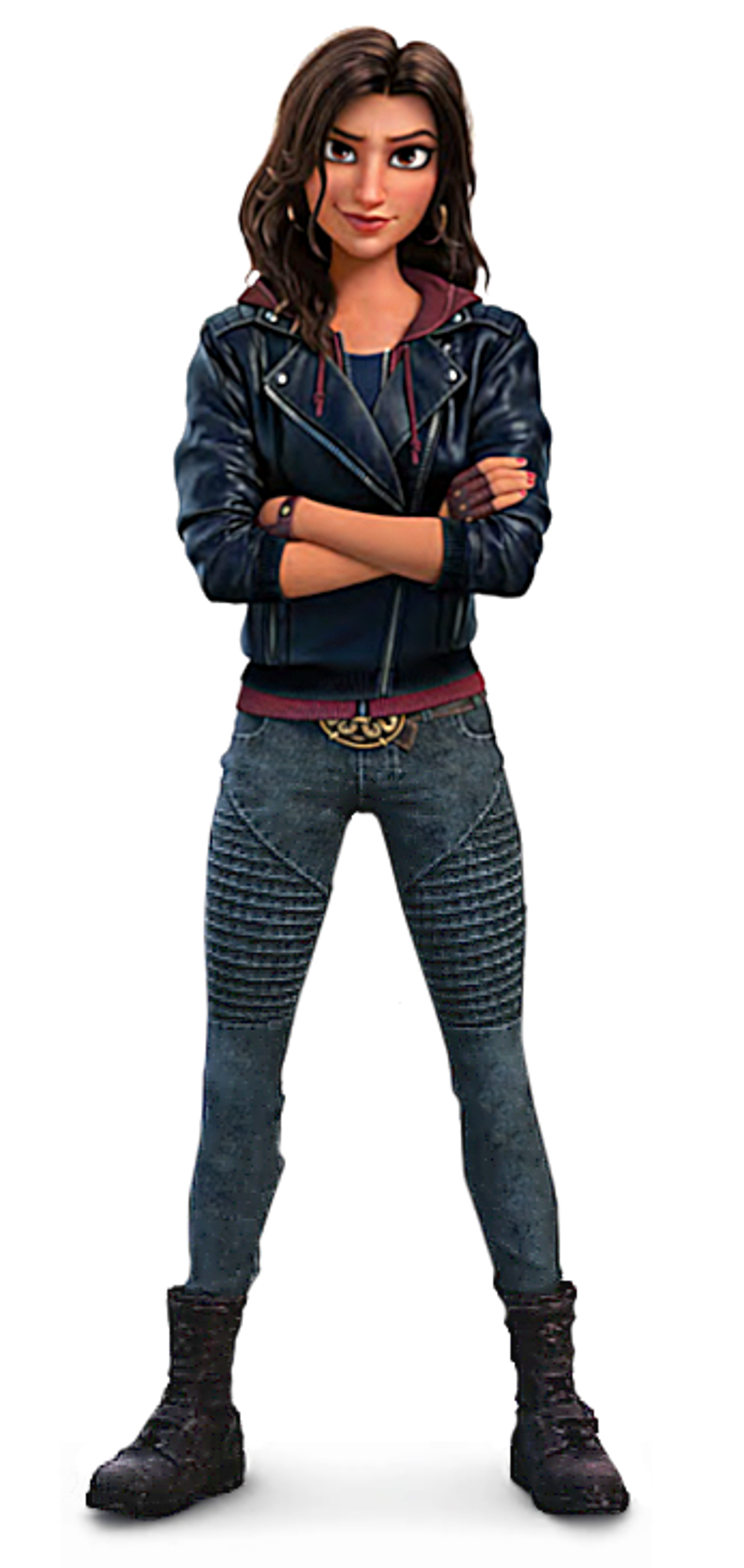 A young woman with dark hair wearing a black leather jacket, jeans, and boots, standing with her arms crossed and a tough expression.