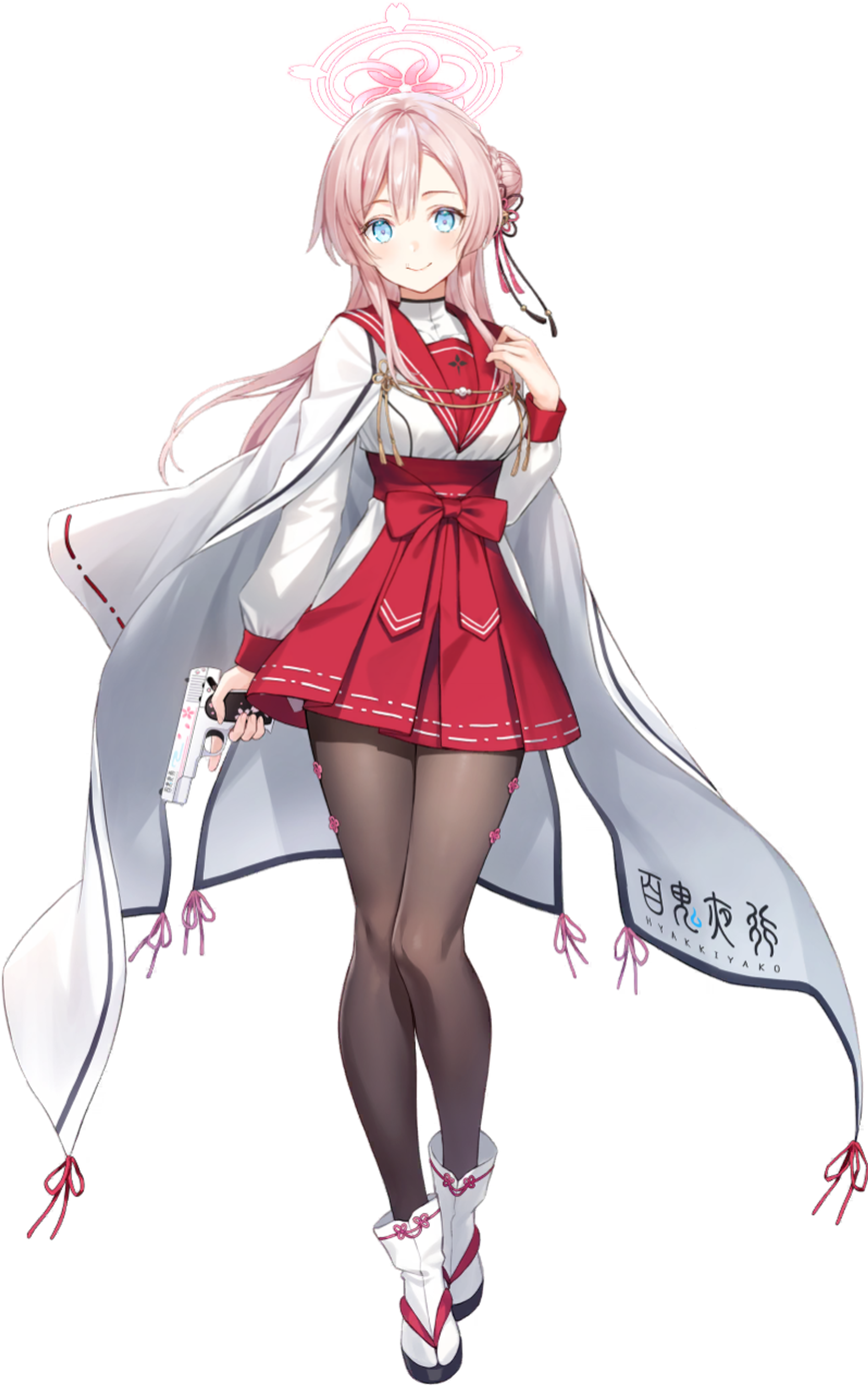 An anime-style character with pink hair and a red dress striking a cheerful pose.