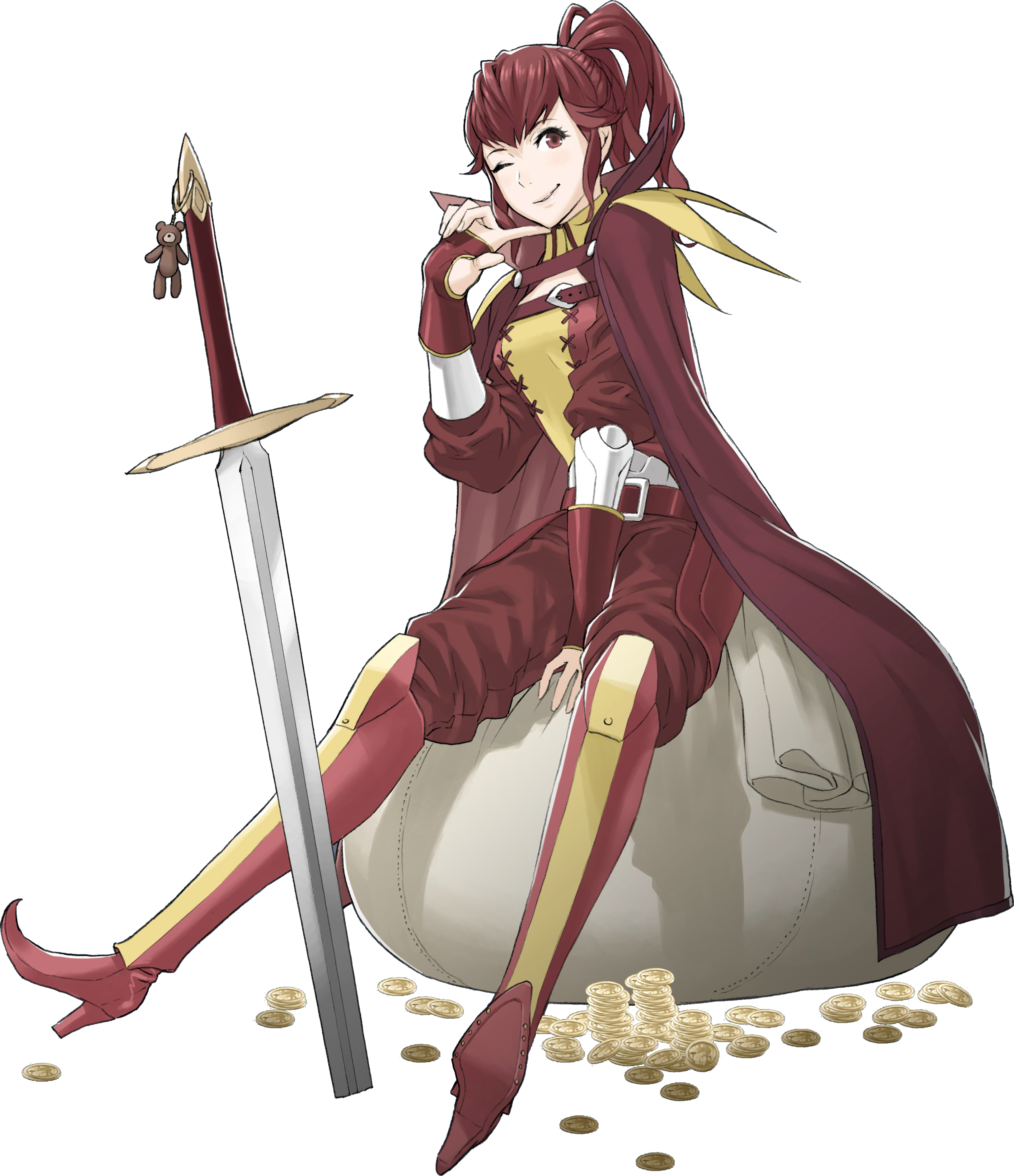A red-haired woman in a red and gold outfit, holding a sword and standing on a pile of gold coins.